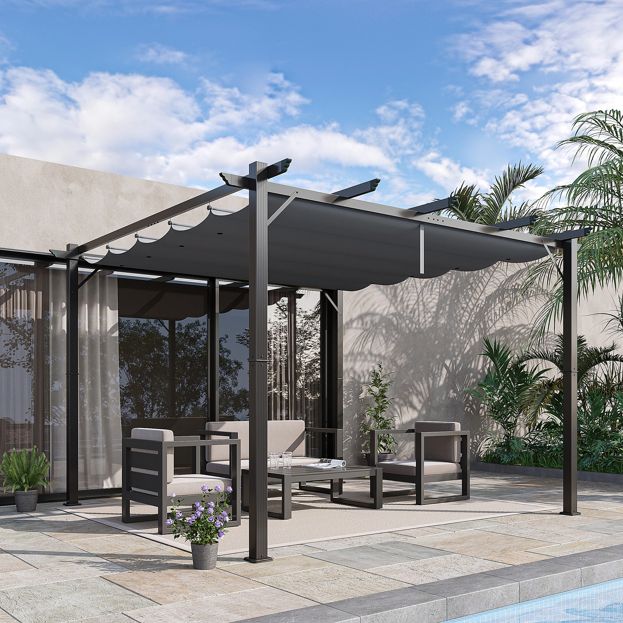 Outdoor Retractable Patio Awning Cantilever Terrace Sunshade Cover with Side Arms
