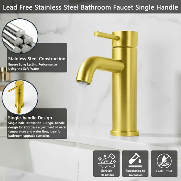 Single Handle Bathroom Faucet Lavatory Faucet Stainless Steel Single Hole-T10, Brushed Gold[Unable ship on weekends, TK/TEMU only for pickup, only TX10643 warehouse supports GOFO] view 2