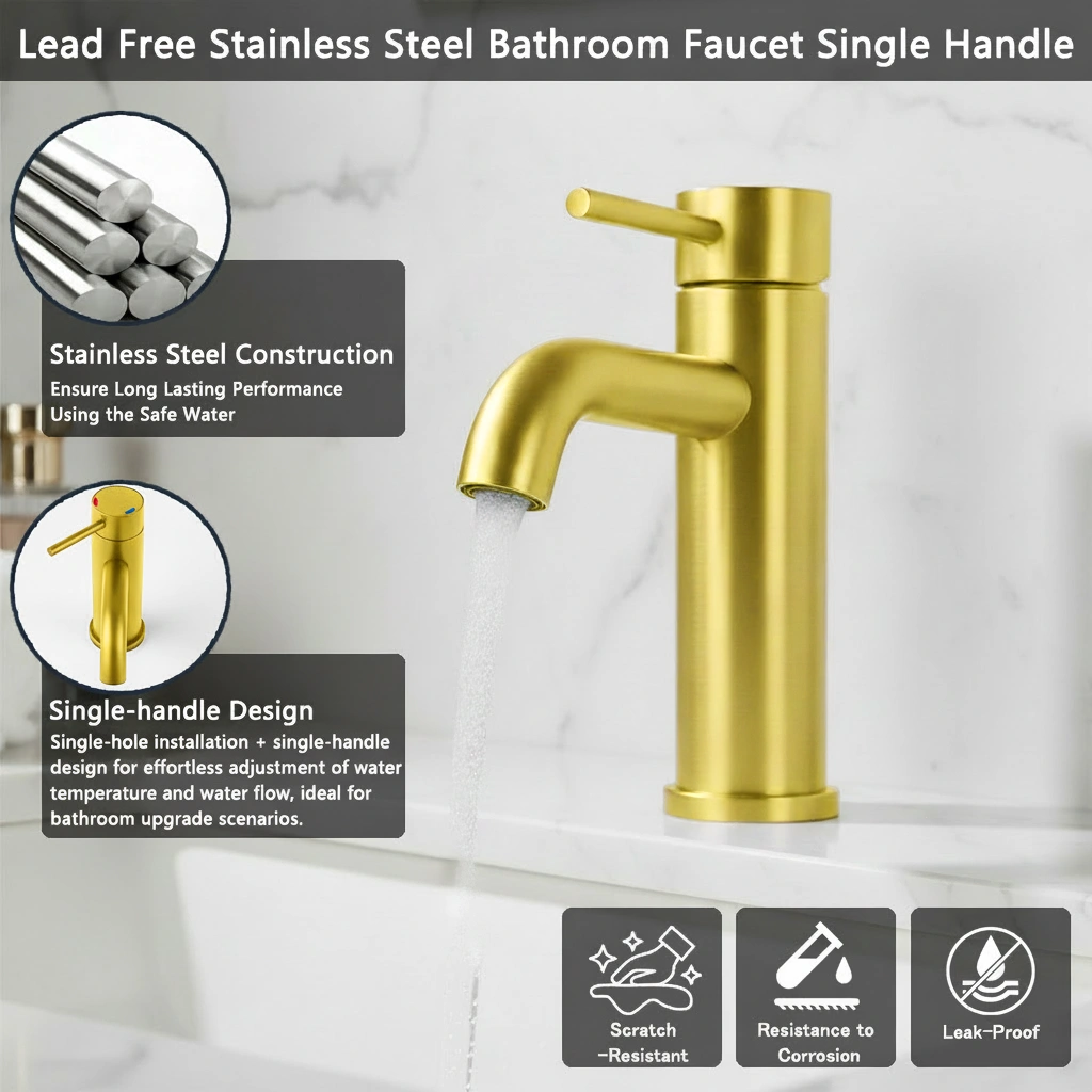Single Handle Bathroom Faucet Lavatory Faucet Stainless Steel Single Hole-T10, Brushed Gold[Unable ship on weekends, TK/TEMU only for pickup, only TX10643 warehouse supports GOFO] view 2