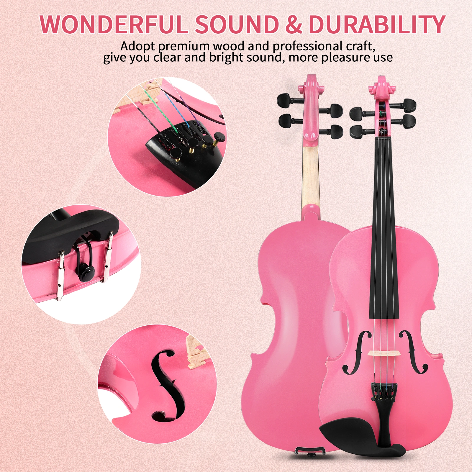 New 1/8 Acoustic Violin Case Bow Rosin Pink view 15