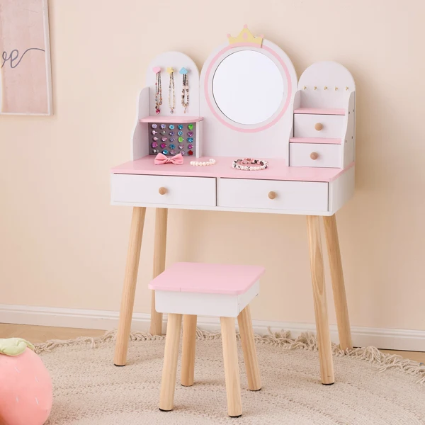 White and pink crown element, MDF + particleboard + solid wood legs, painted and melamine laminated, 4-drawer children's dressing table set view 2