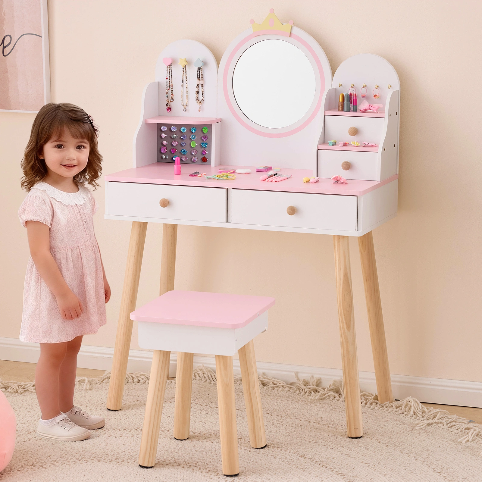 White and pink crown element, MDF + particleboard + solid wood legs, painted and melamine laminated, 4-drawer children's dressing table set view 8