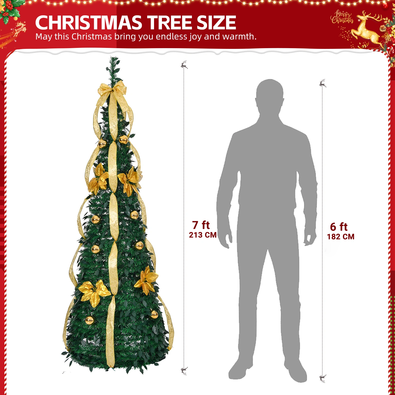 7FT Pop Up Christmas Tree Fully Decorated, 100 Warm Lights Battery Operated Artificial Xmas Tree with Golden Silver Ornaments, Holiday Home Office Decor view 2