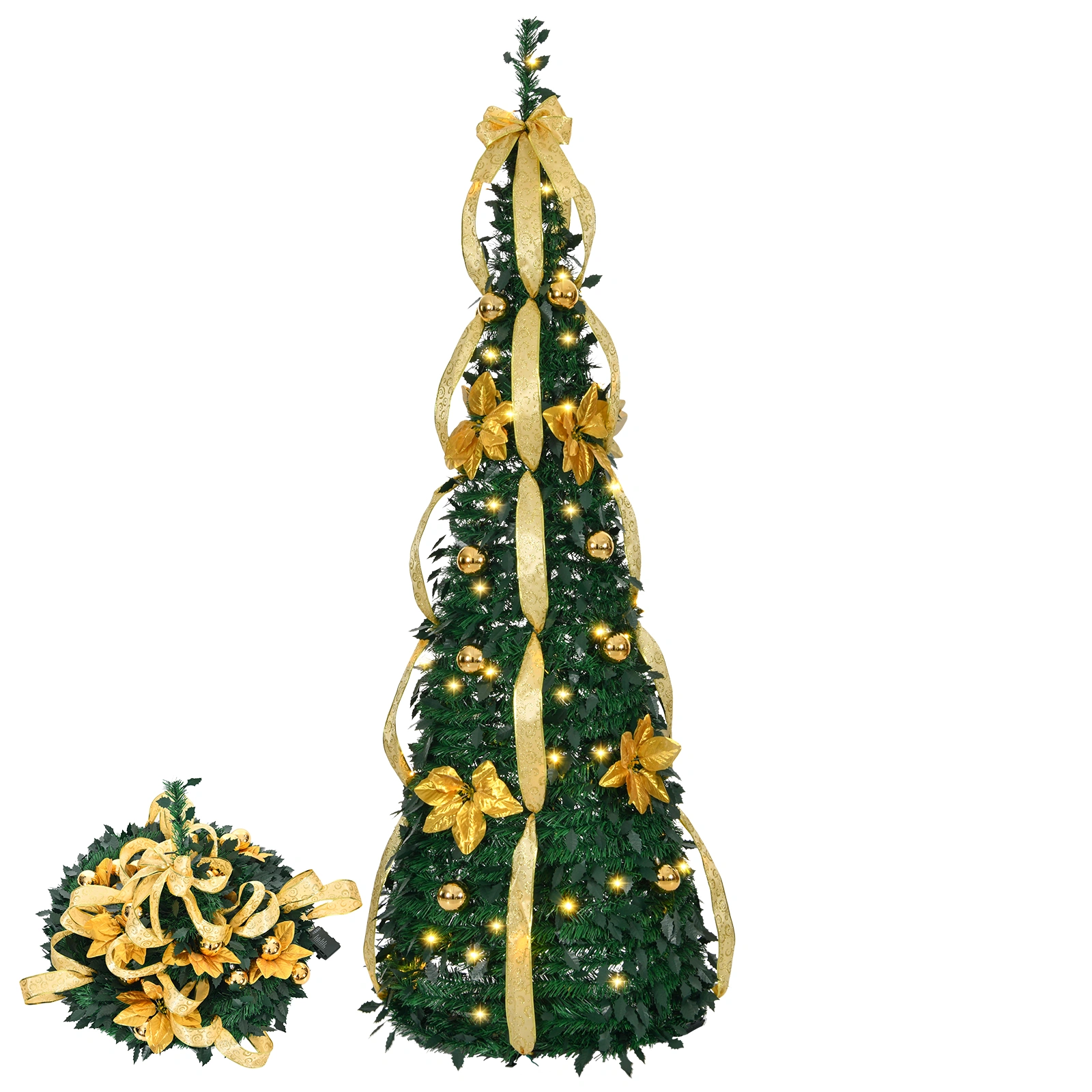 7FT Pop Up Christmas Tree Fully Decorated, 100 Warm Lights Battery Operated Artificial Xmas Tree with Golden Silver Ornaments, Holiday Home Office Decor view 3