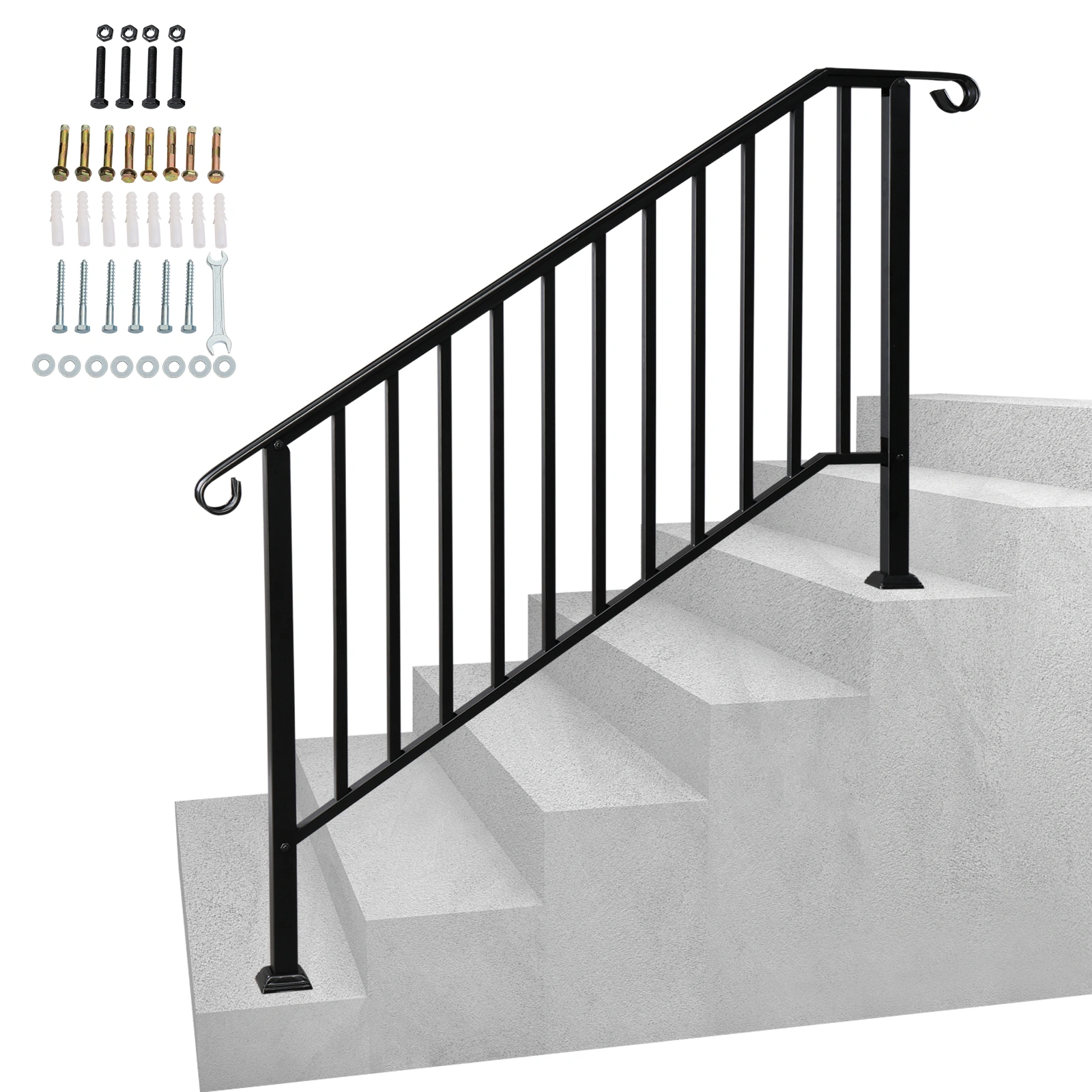 Matte Black Outdoor 4-Step Wrought Iron Handrail, Heavy Duty Stair Railing for Deck Patio Porch