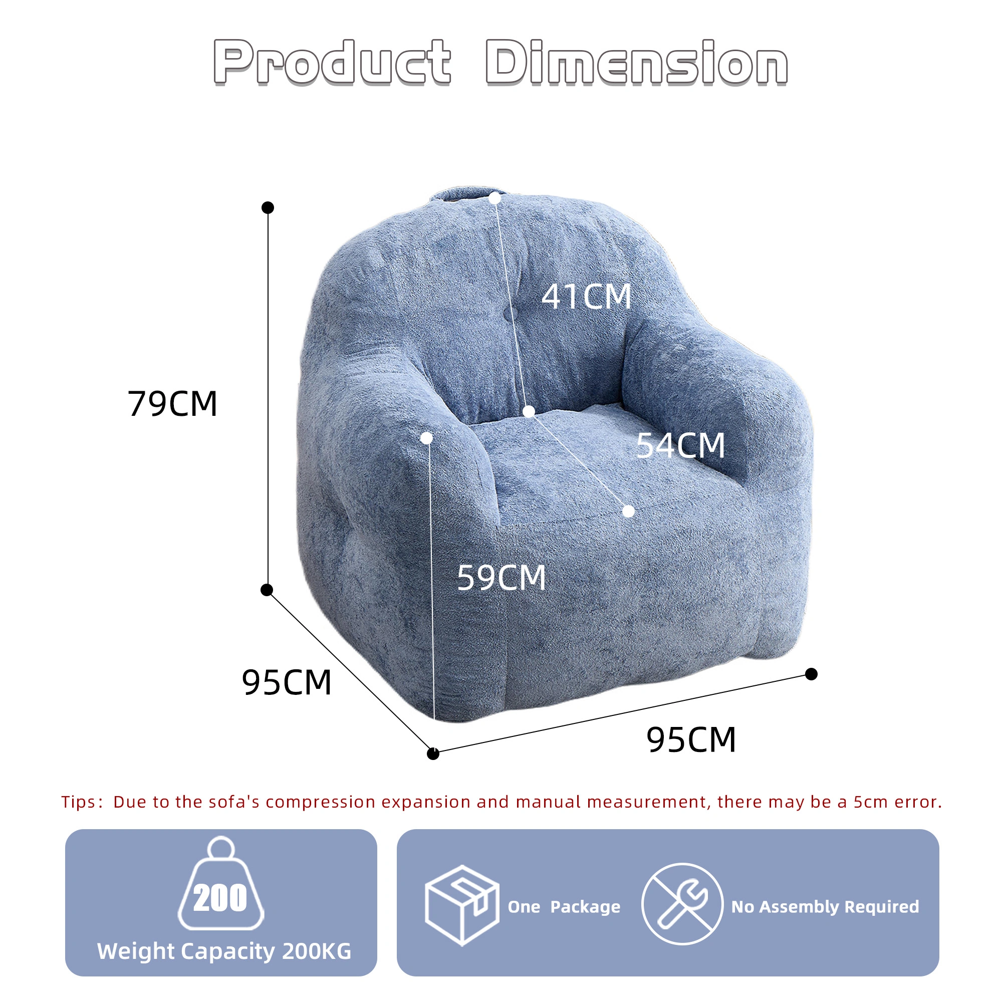 Faux Fur Bean Bag Chair with Armrests,Shredded Sponge Filler,Comfy Sofa for Living Room Bedroom No Assembly Required Blue view 3