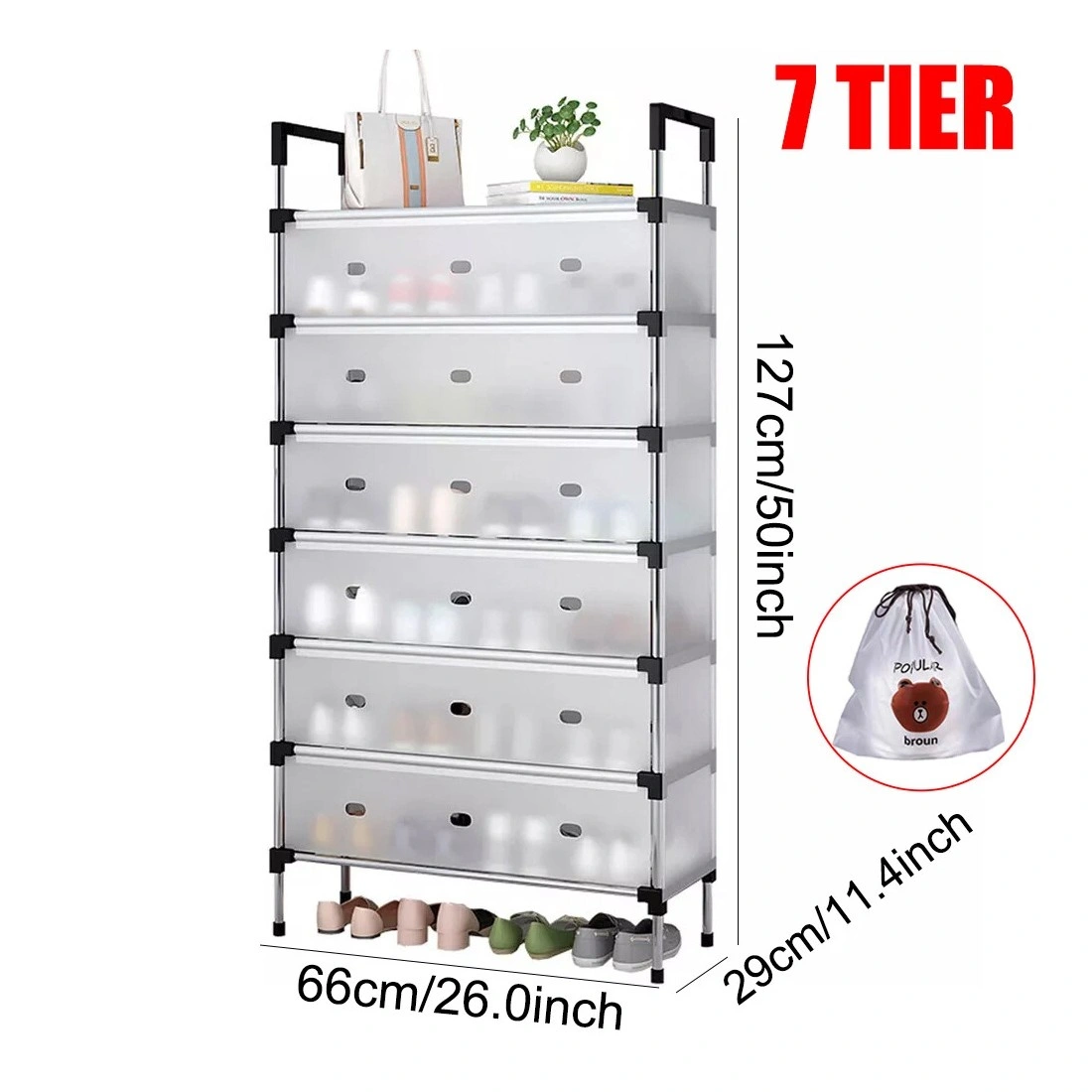7 Tier Shoe Rack Storage Cabinet Organizer with Dust-Proof Cover Boot Heel Holder Stand view 3