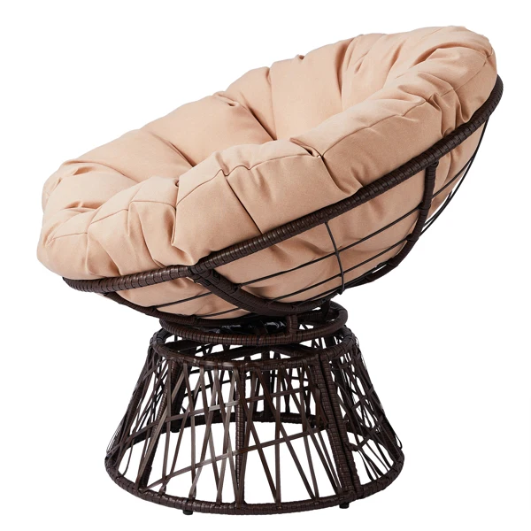 38" Ergonomic Swivel Wicker Papasan Chair with Thick Tufted Cushions, 360 Degree Rotatable Chairs for Living Room Bedroom Reading Room, Beige Cushion view 3