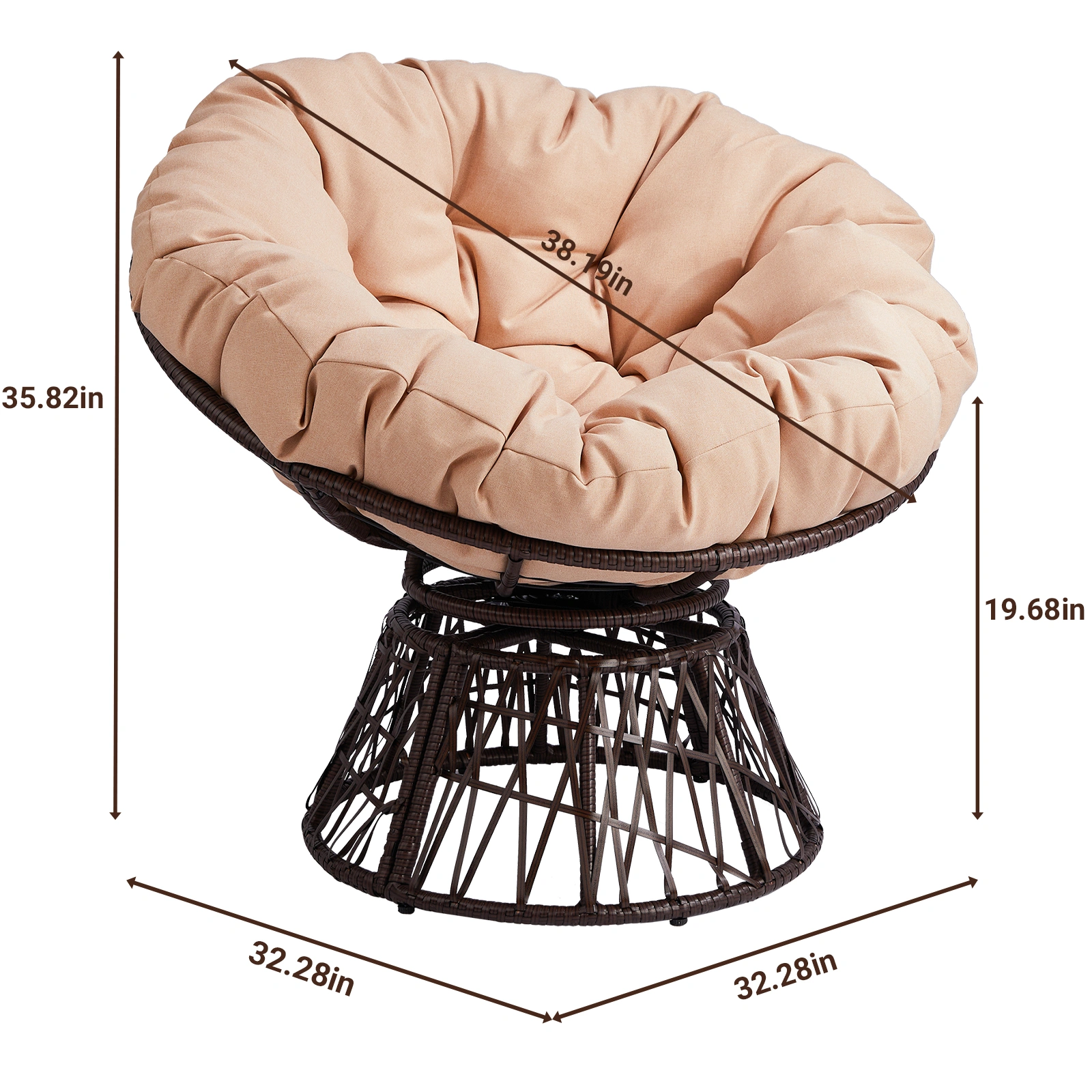 38" Ergonomic Swivel Wicker Papasan Chair with Thick Tufted Cushions, 360 Degree Rotatable Chairs for Living Room Bedroom Reading Room, Beige Cushion view 2
