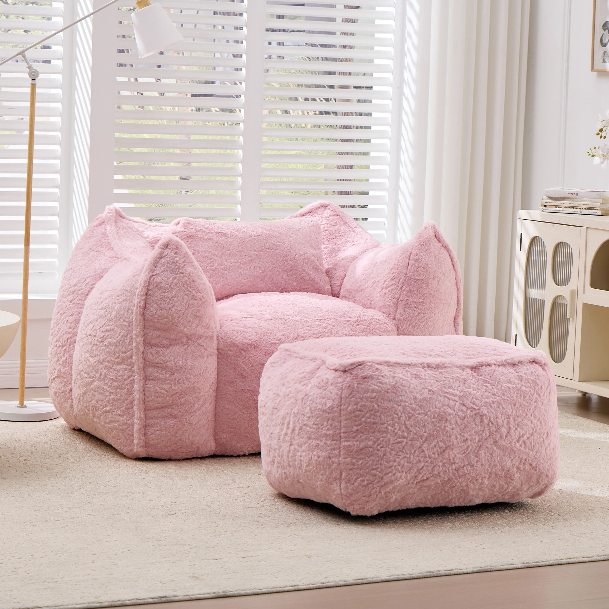 Giant Bean Bag Chair for Adults &Kids Faux Fur Bean Bag Sofa Chairs with Pillow &Ottoman, Comfy Reading & Gaming Beanbag Couch for Bedroom Living Room, Pink