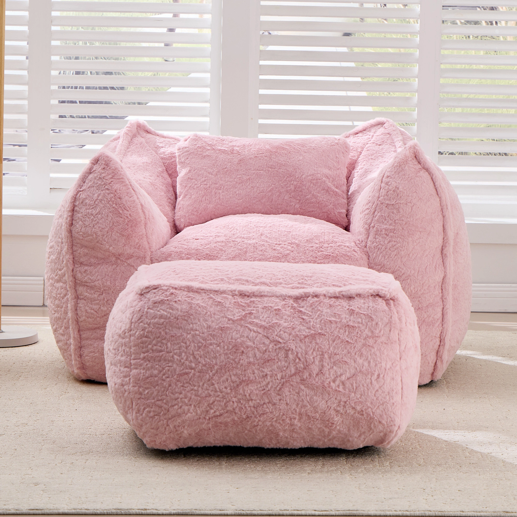 Giant Bean Bag Chair for Adults &Kids Faux Fur Bean Bag Sofa Chairs with Pillow &Ottoman, Comfy Reading & Gaming Beanbag Couch for Bedroom Living Room, Pink view 2