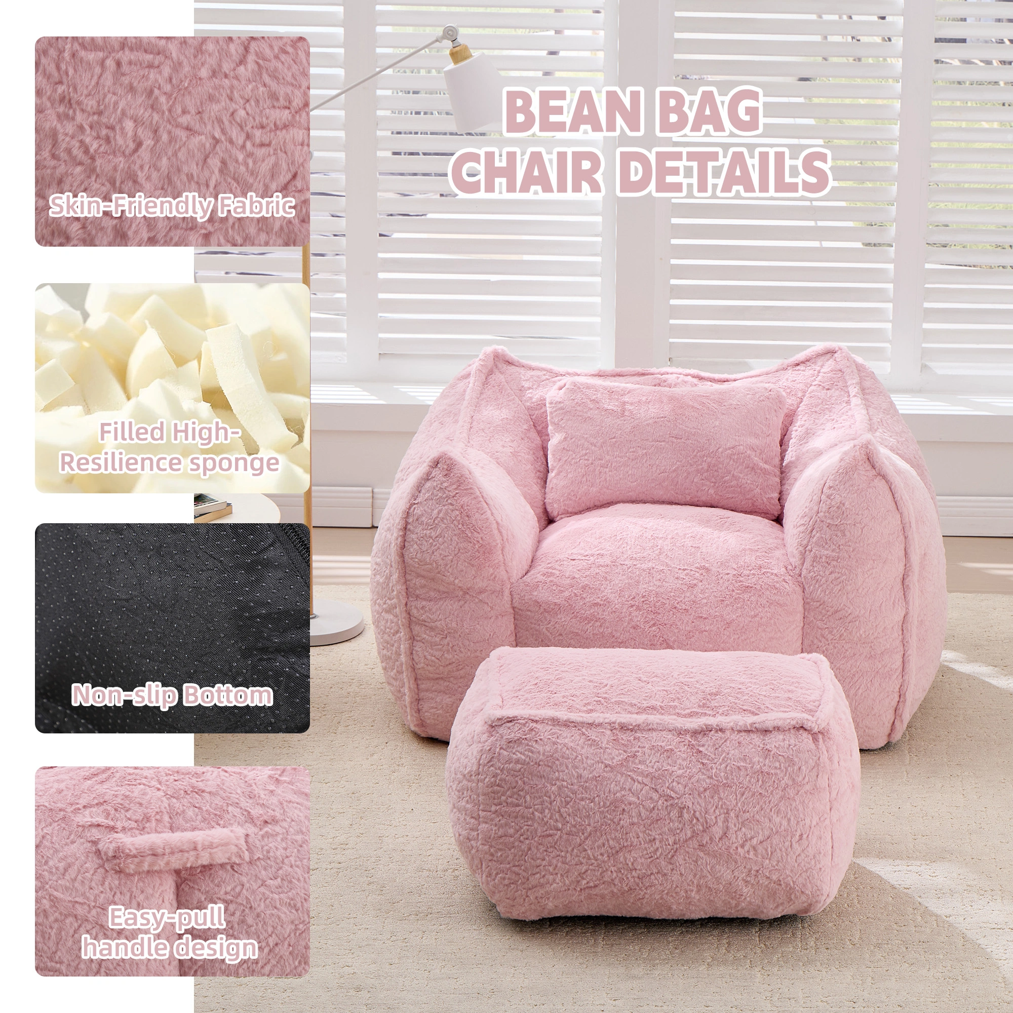 Giant Bean Bag Chair for Adults &Kids Faux Fur Bean Bag Sofa Chairs with Pillow &Ottoman, Comfy Reading & Gaming Beanbag Couch for Bedroom Living Room, Pink view 4