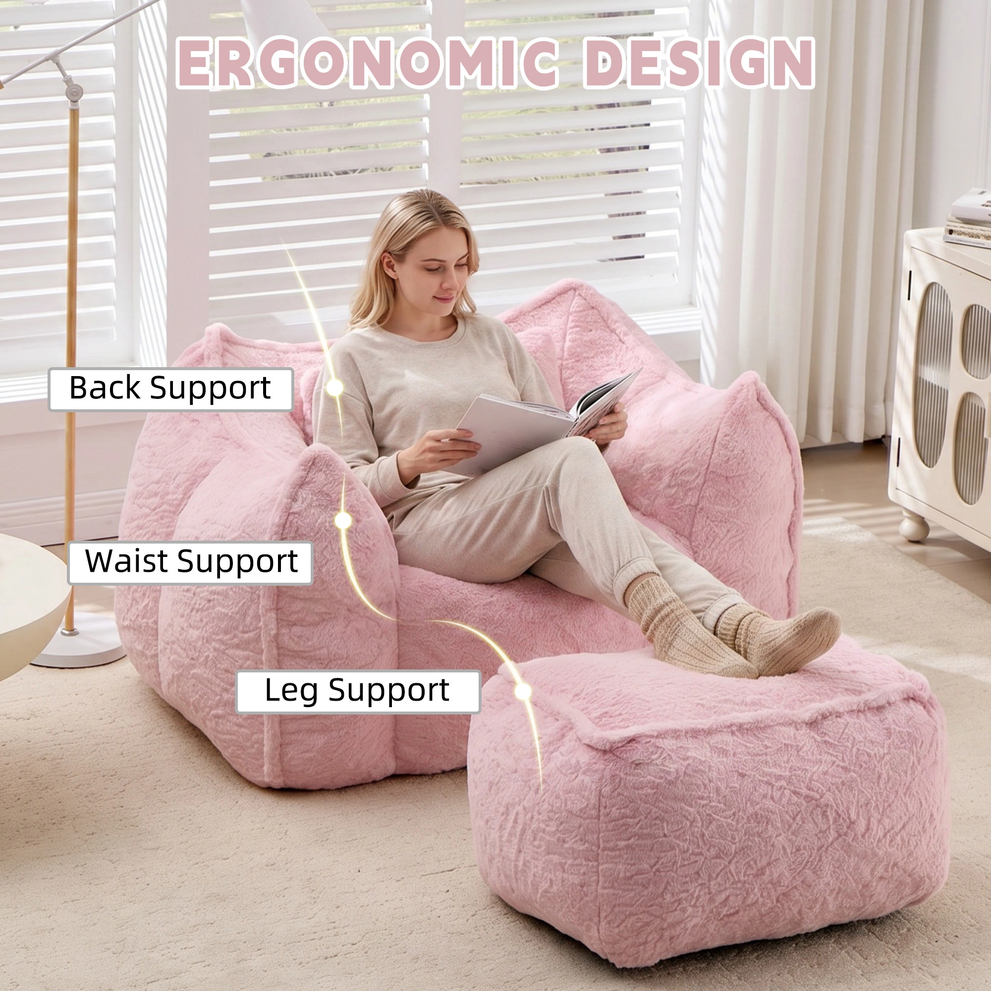 Giant Bean Bag Chair for Adults &Kids Faux Fur Bean Bag Sofa Chairs with Pillow &Ottoman, Comfy Reading & Gaming Beanbag Couch for Bedroom Living Room, Pink view 5