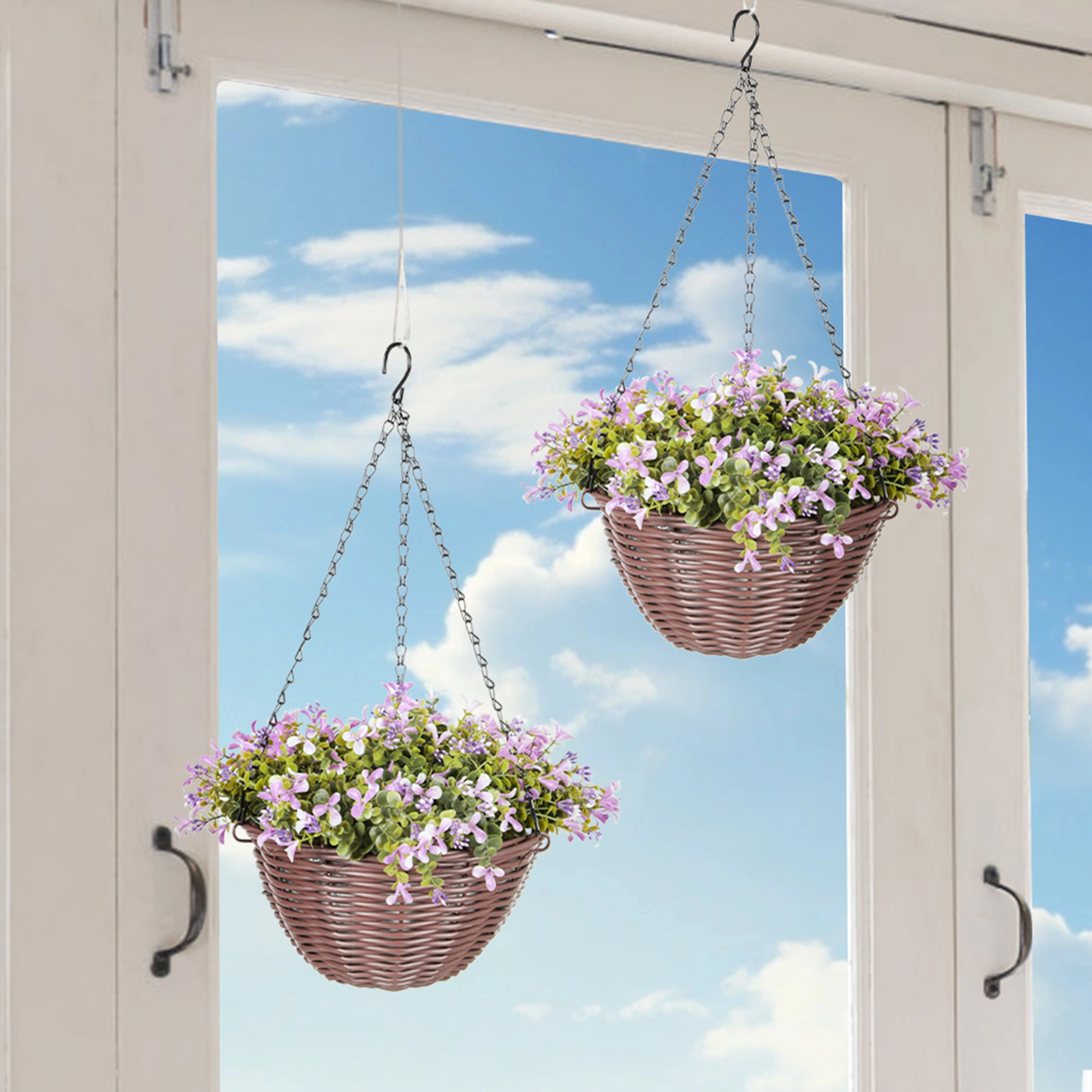 Artificial Hanging Basket with Faux Flowers, Decorative Plant Hanger for Indoor Outdoor Home Garden Wall Décor