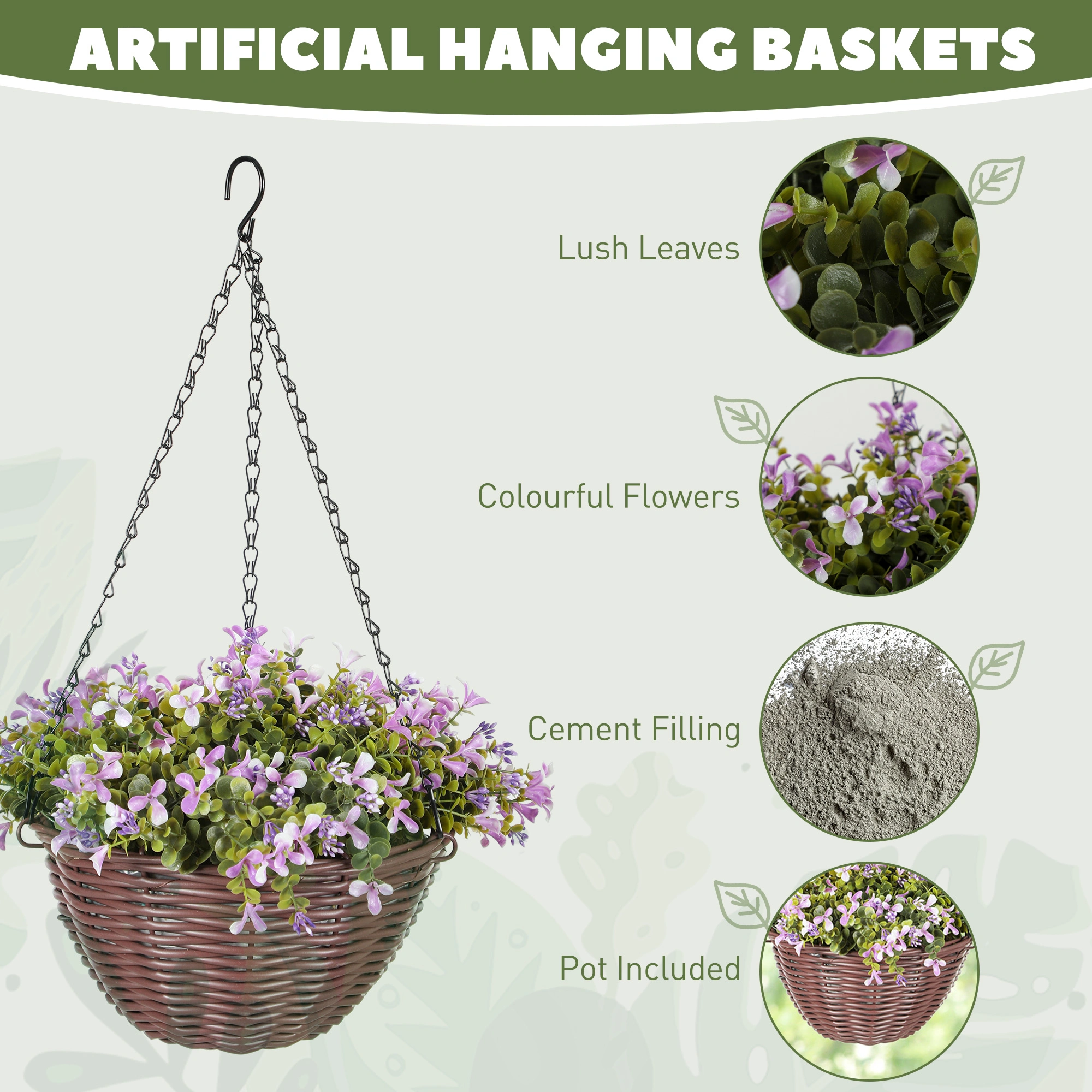 Artificial Hanging Basket with Faux Flowers, Decorative Plant Hanger for Indoor Outdoor Home Garden Wall Décor view 3