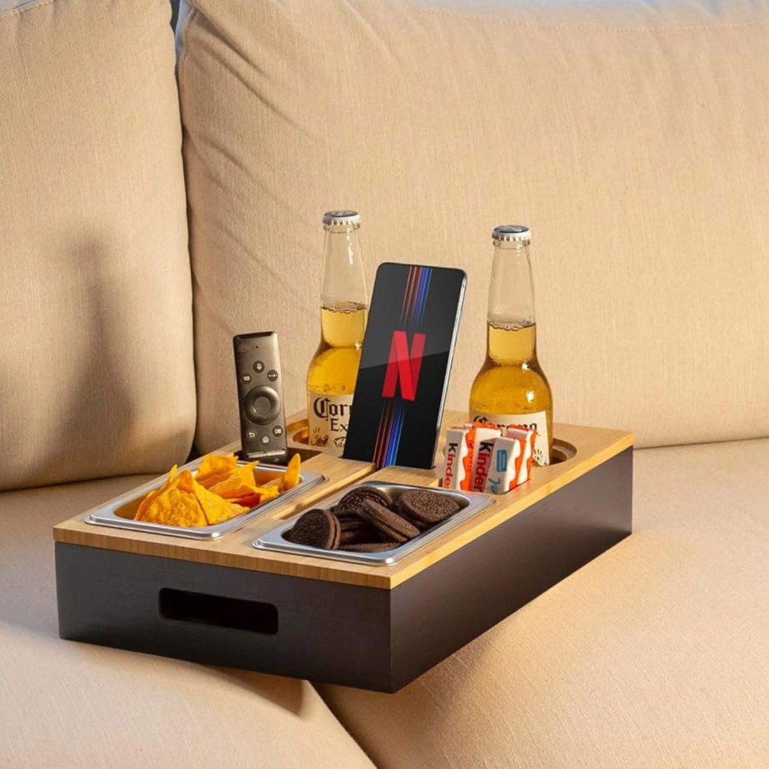 Bamboo Sofa Bar Snack Tray Tabletop with Magnetic Lid Stainless Steel Bowls & Coasters for Couch Living Room