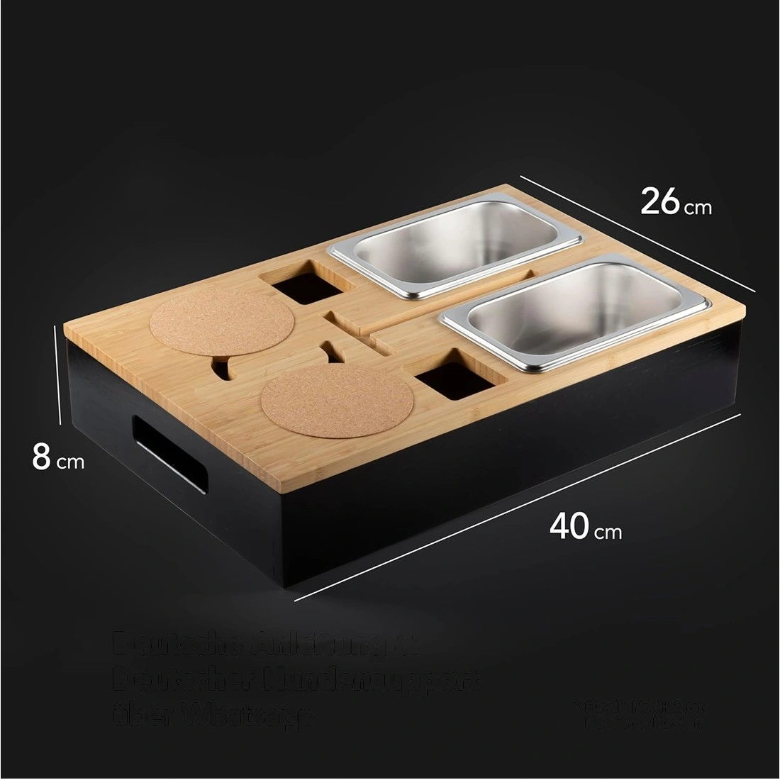 Bamboo Sofa Bar Snack Tray Tabletop with Magnetic Lid Stainless Steel Bowls & Coasters for Couch Living Room view 3