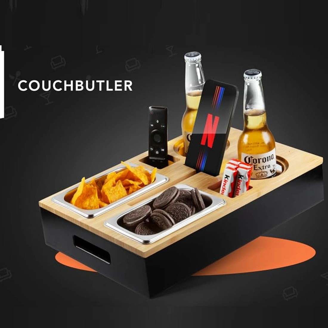 Bamboo Sofa Bar Snack Tray Tabletop with Magnetic Lid Stainless Steel Bowls & Coasters for Couch Living Room view 4