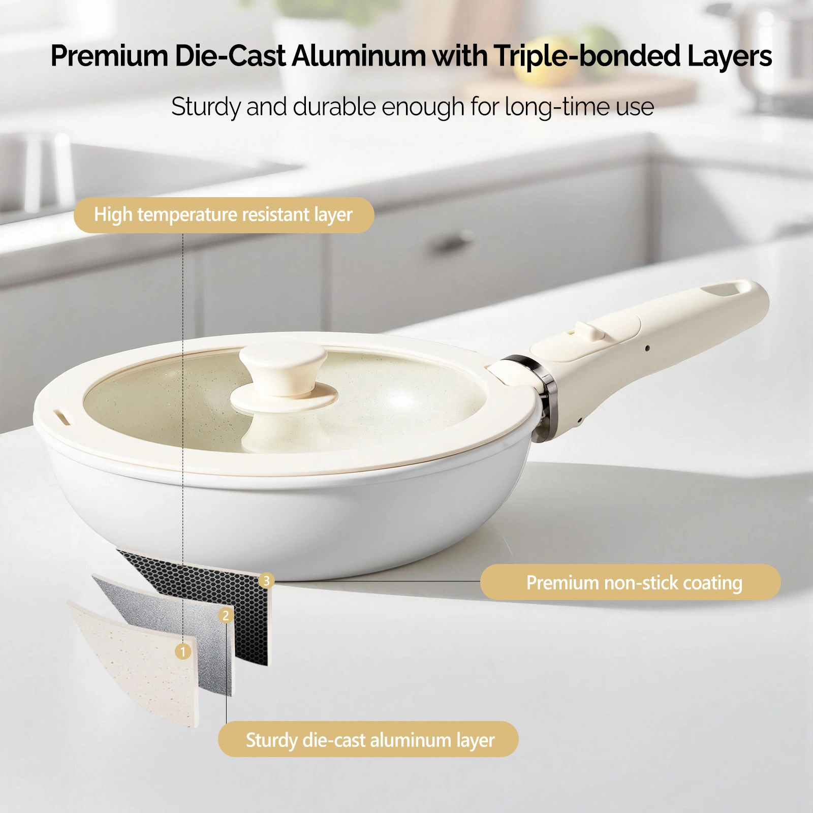 22-Piece Non-Stick Cookware Set, 6 Pots & 3 Lids, Removable Handles, Oven & Dishwasher Safe, Includes 28cm Soup Pot, Cream White Aluminum view 9