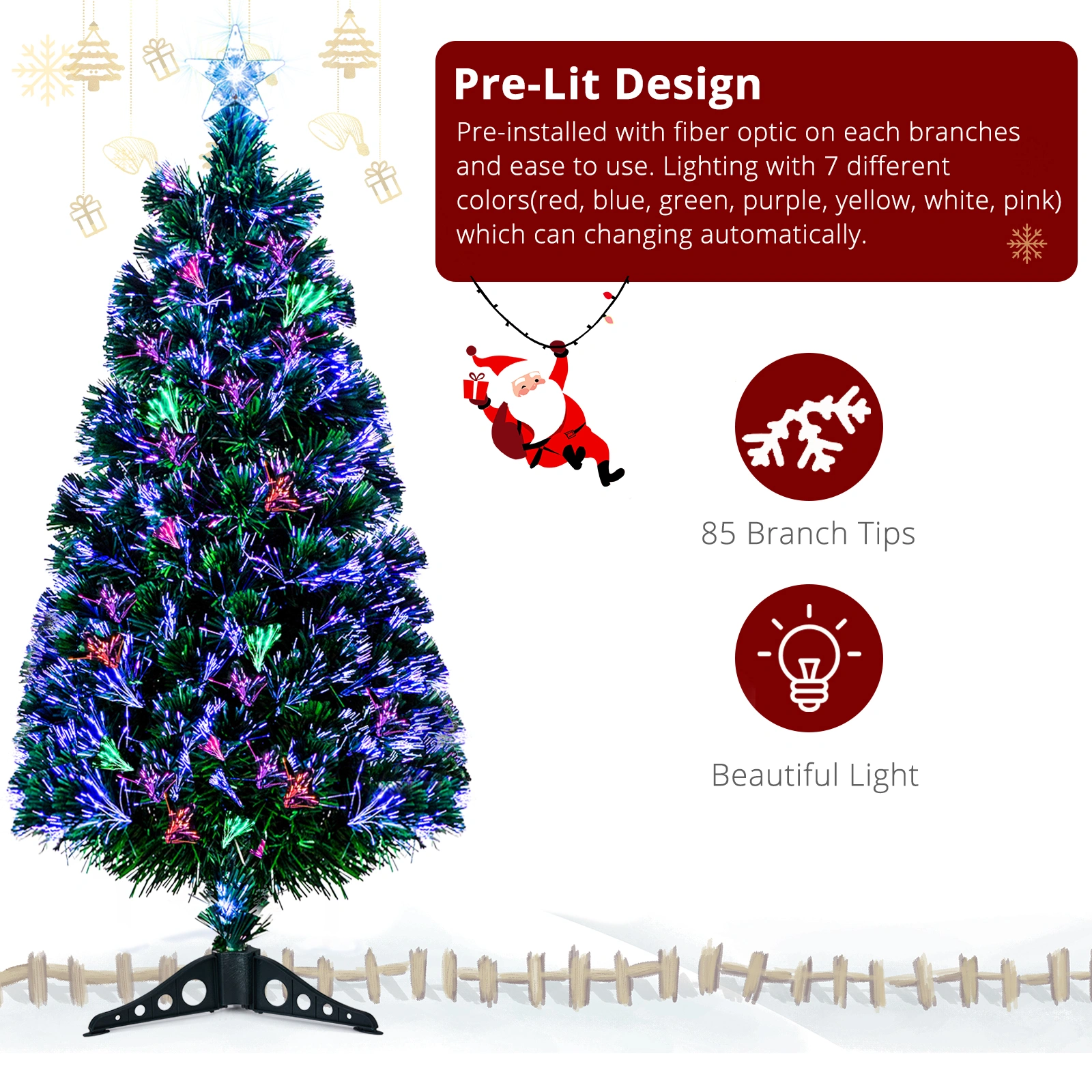 FCH 3ft Fiber Optic Christmas Tree with Stars Top, Color-Changing Lights, 85 PVC Branches, Plastic Base view 5