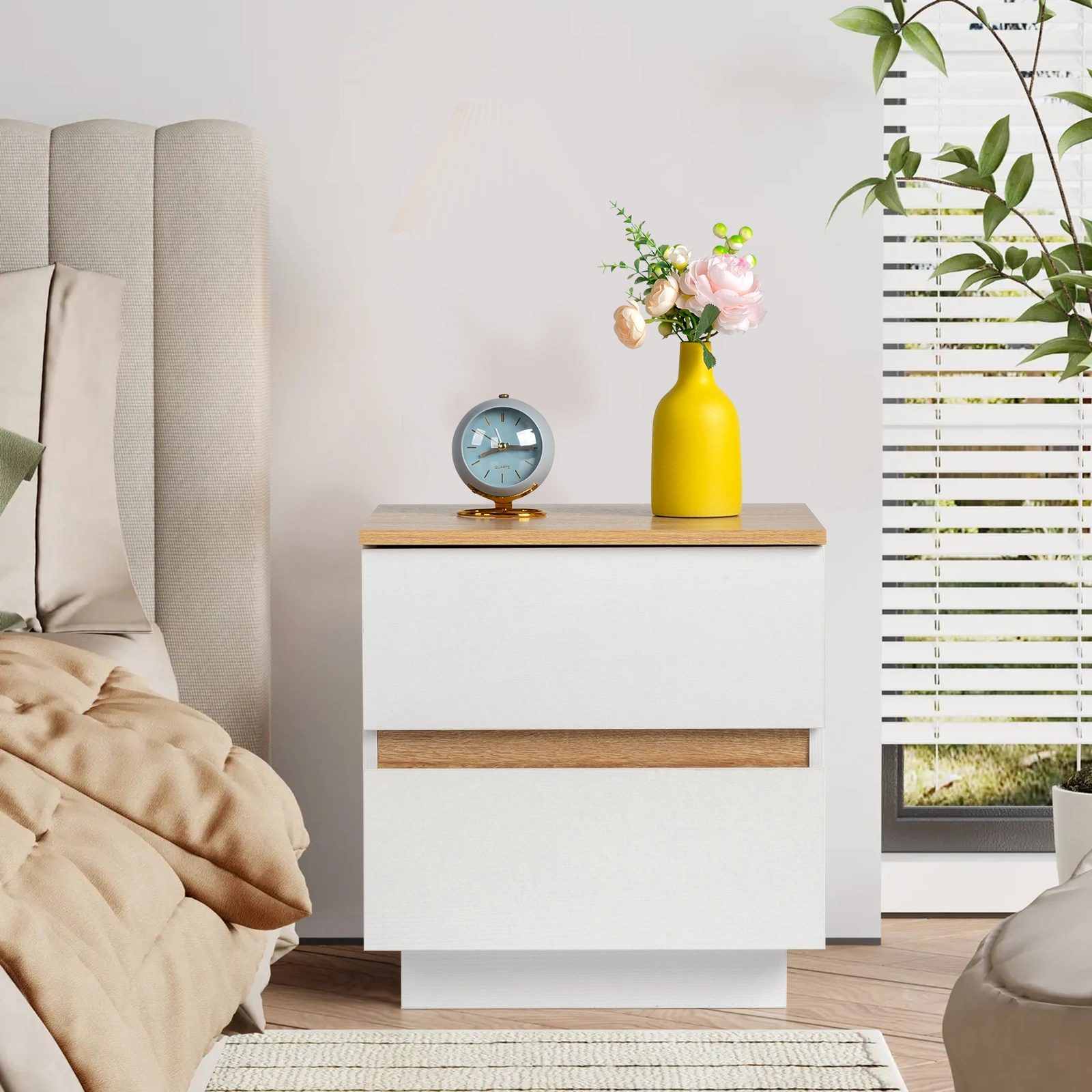 Embossed White & Oak Bedside Table, 2-Drawer Nightstand, 12mm E1 Particle Board, Handle-Free Design, 38x32x40cm, White Oak