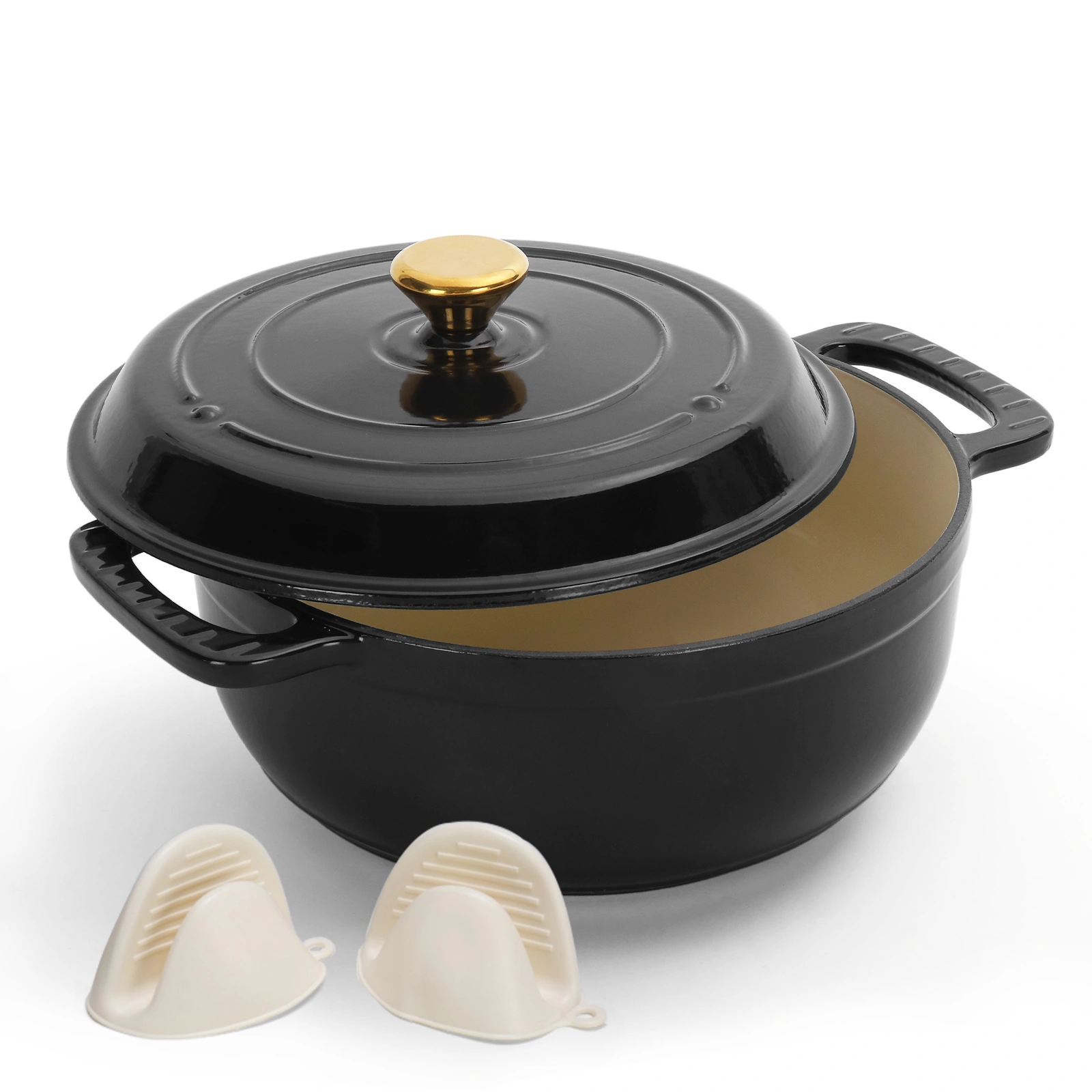 Cast iron 5QT cooking pot - Pure black - includes two silicone gloves - Enamel pot view 5
