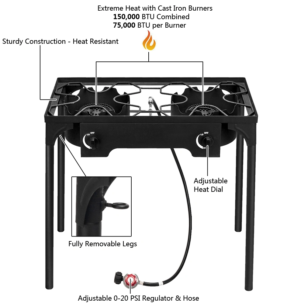 Outdoor Camp Stove High Pressure Propane Gas Cooker Portable Cast Iron Patio Cooking Burner (Double Burner 150000-BTU) view 7