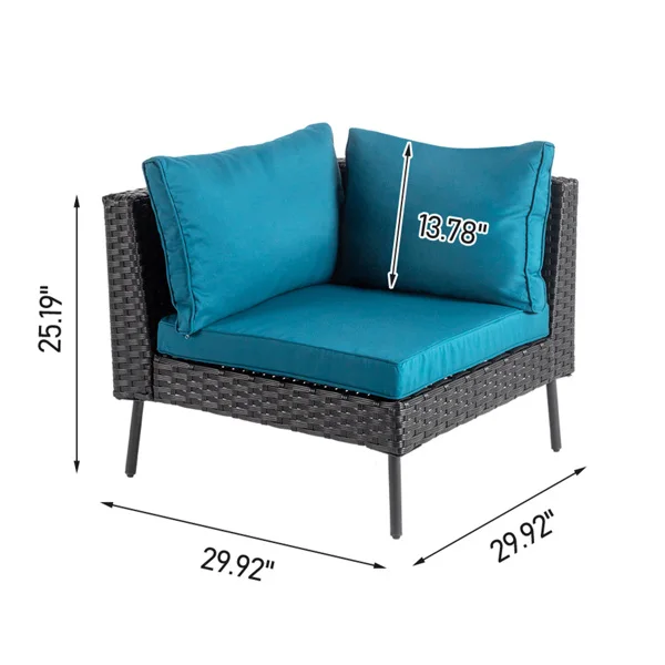 2 pcs armless sofa + 2 pcs corner sofa + 2 pcs footstool iron legs black rattan peacock green cushions woven rattan multi-piece set view 6
