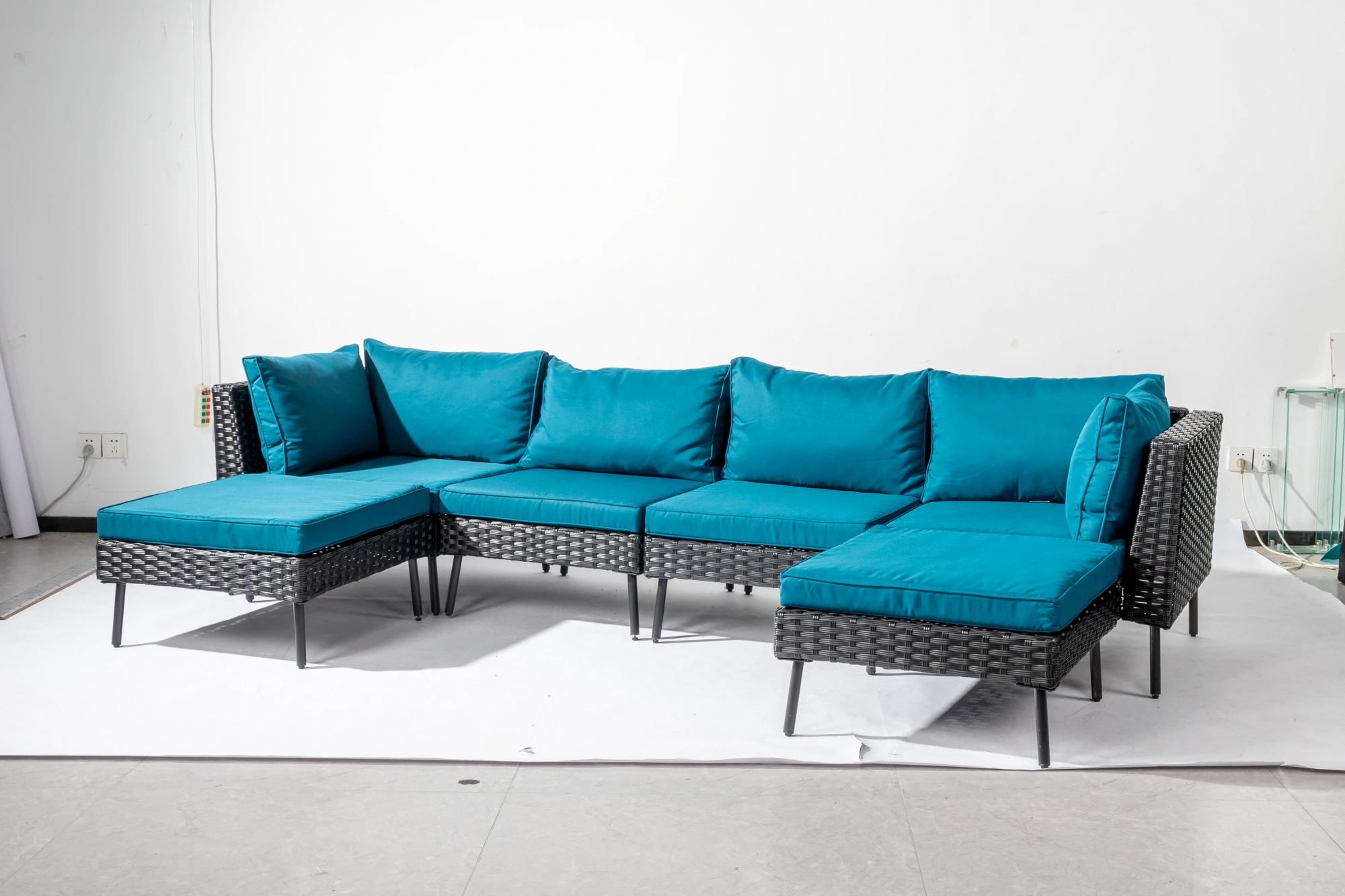 2 pcs armless sofa + 2 pcs corner sofa + 2 pcs footstool iron legs black rattan peacock green cushions woven rattan multi-piece set view 12