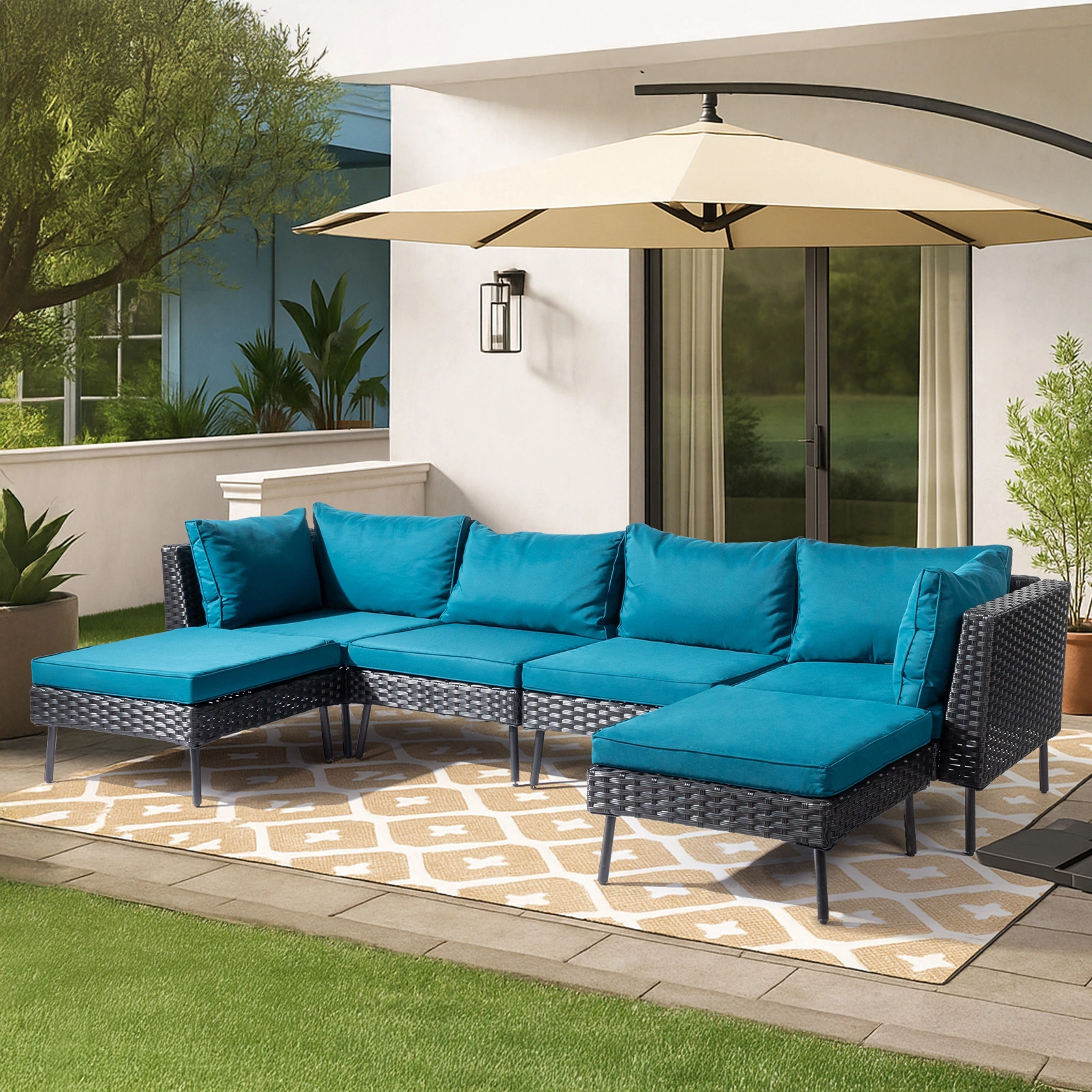 2 pcs armless sofa + 2 pcs corner sofa + 2 pcs footstool iron legs black rattan peacock green cushions woven rattan multi-piece set view 8