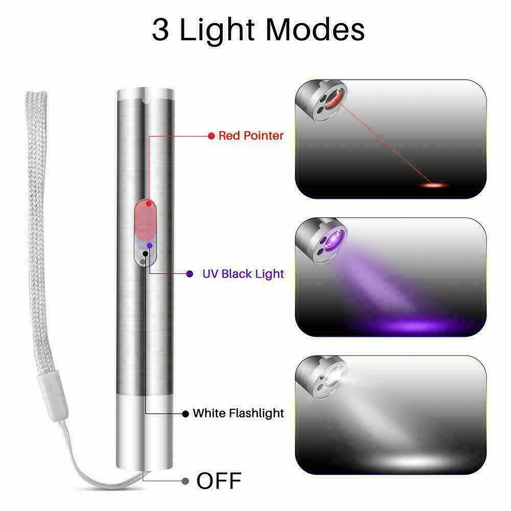 2PCS 3-in-1 USB Rechargeable Pet Toy Pen Flashlight 1mW Red Laser Beam UV Light 3-Mode view 2