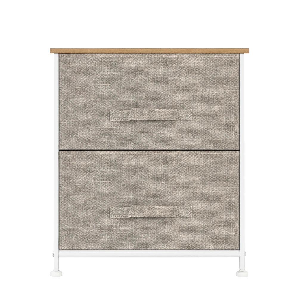 2-Drawer Night Stand End Table Storage Tower, Steel Frame Wood Top, Fabric Bins, Textured Linen Organizer - Natural