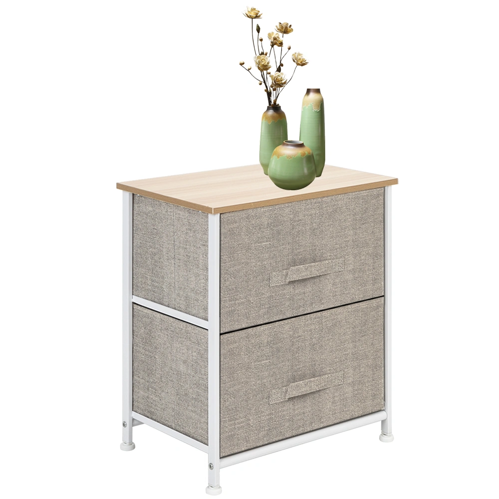 2-Drawer Night Stand End Table Storage Tower, Steel Frame Wood Top, Fabric Bins, Textured Linen Organizer - Natural view 2