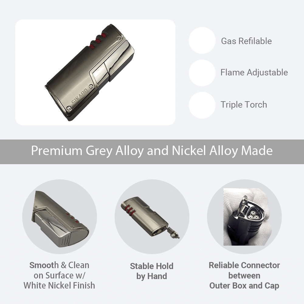 SIKARO CYCLONE Triple Torch Lighter, Silver, Includes Cigar Punch, Refillable Adjustable Flame for Cigar, Cigarette, Kitchen, Outdoor view 4