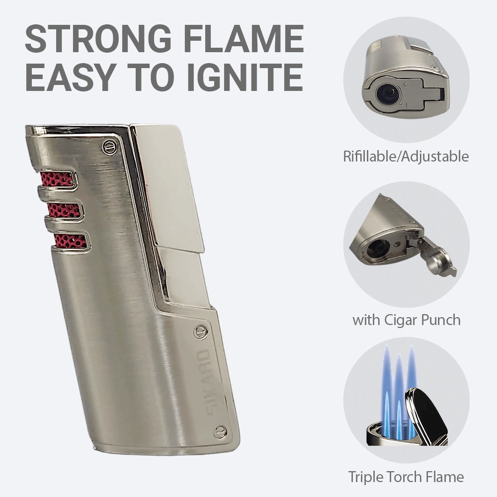 SIKARO CYCLONE Triple Torch Lighter, Silver, Includes Cigar Punch, Refillable Adjustable Flame for Cigar, Cigarette, Kitchen, Outdoor view 5