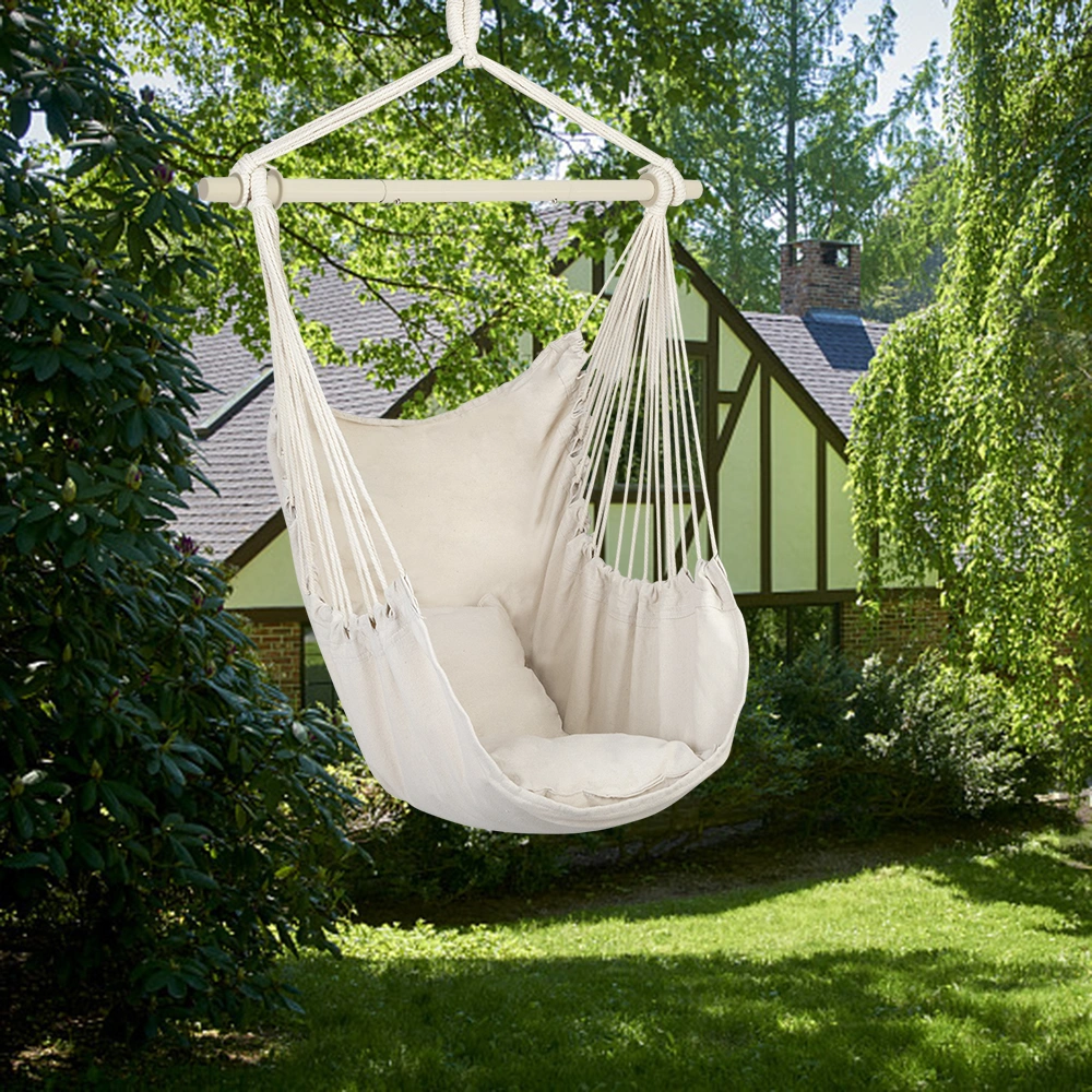 Distinctive Cotton Canvas Hanging Rope Chair with Pillows Beige view 13