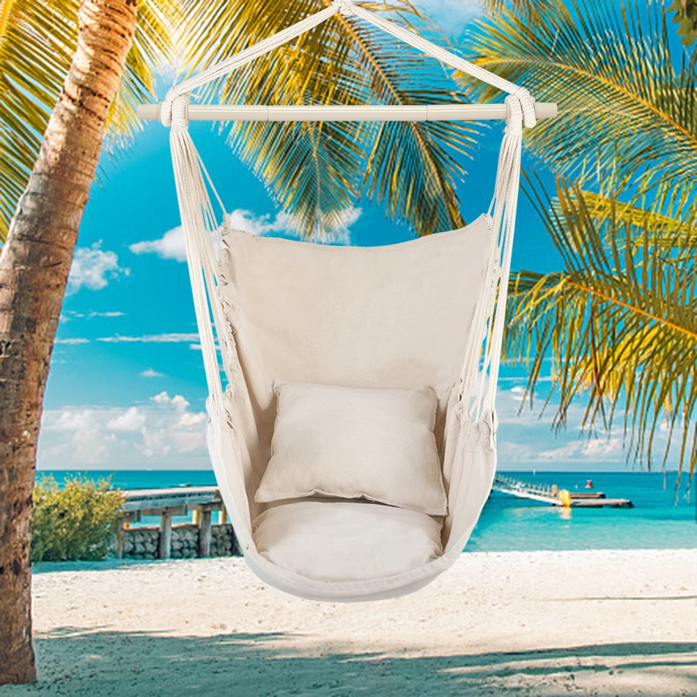 Distinctive Cotton Canvas Hanging Rope Chair with Pillows Beige view 14
