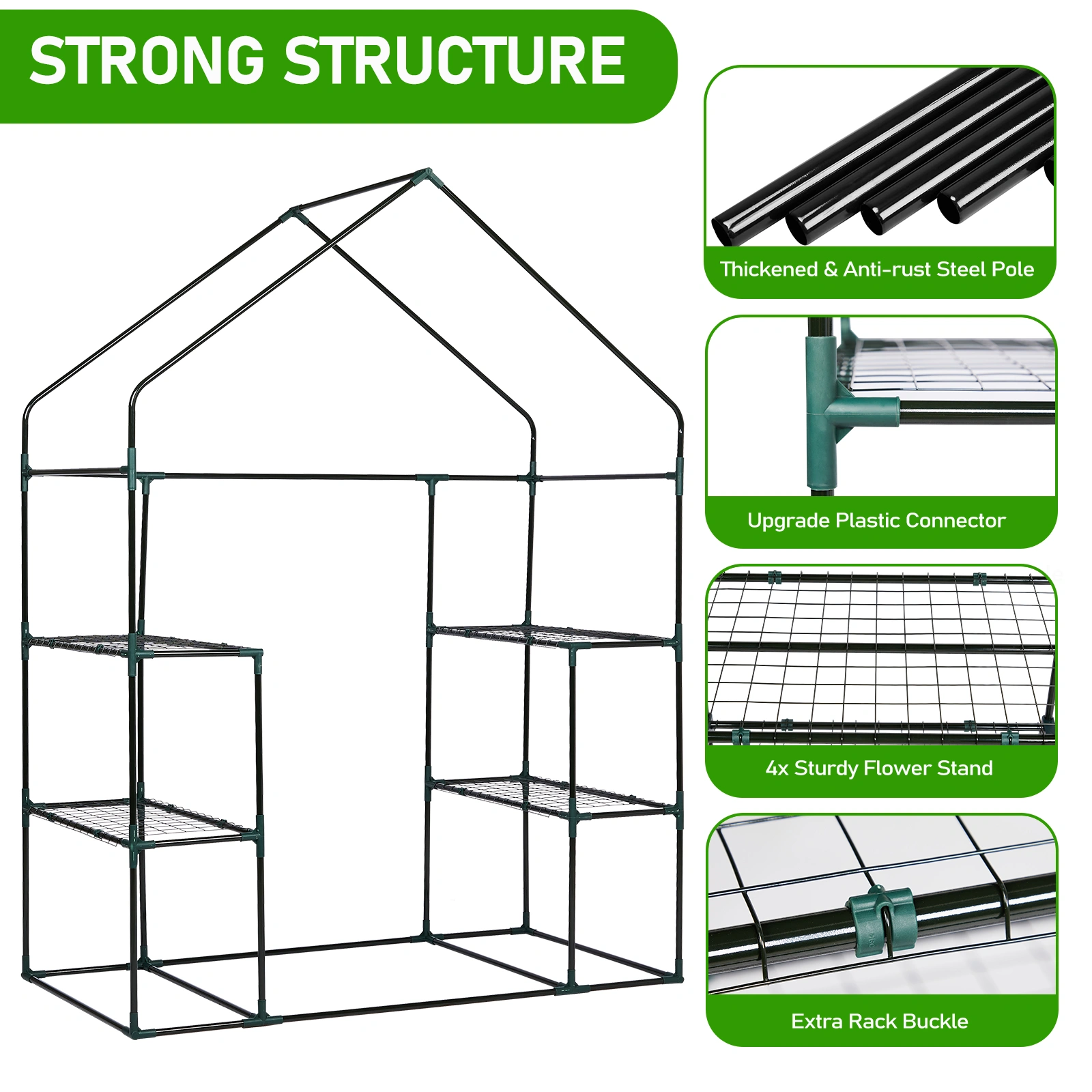 Mini Walk-in Greenhouse with PE Cover, 4-Shelf Indoor Outdoor Plant Gardening Green House for Garden Backyard, 56" x 29" x 77", White view 17