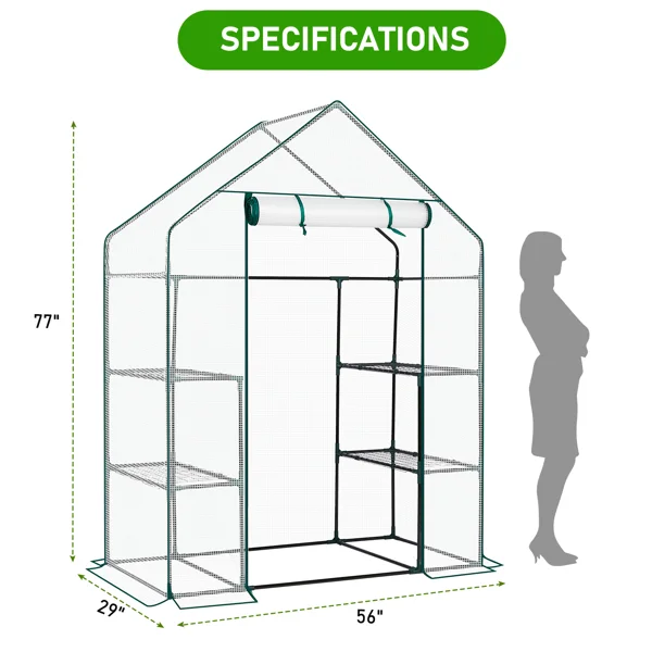 Mini Walk-in Greenhouse with PE Cover, 4-Shelf Indoor Outdoor Plant Gardening Green House for Garden Backyard, 56" x 29" x 77", White view 2