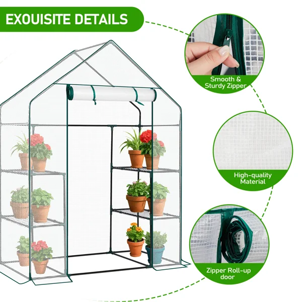 Mini Walk-in Greenhouse with PE Cover, 4-Shelf Indoor Outdoor Plant Gardening Green House for Garden Backyard, 56" x 29" x 77", White view 4