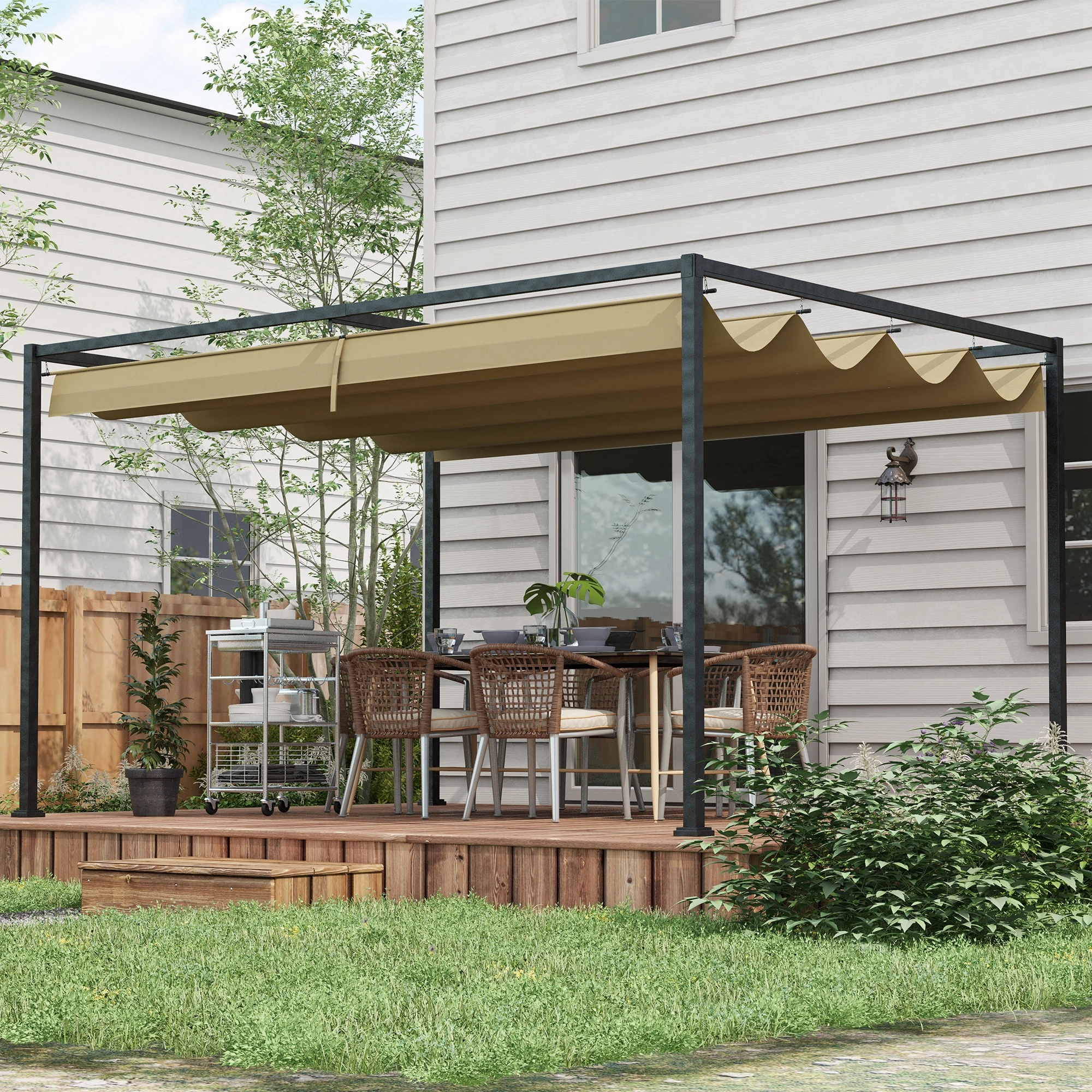 10x10ft Steel Patio Gazebo, Heavy Duty Metal Pergola with Curved Roof & Mesh Side Panels, Outdoor Garden Pergola Canopy, Rust-Resistant, Charcoal Gray