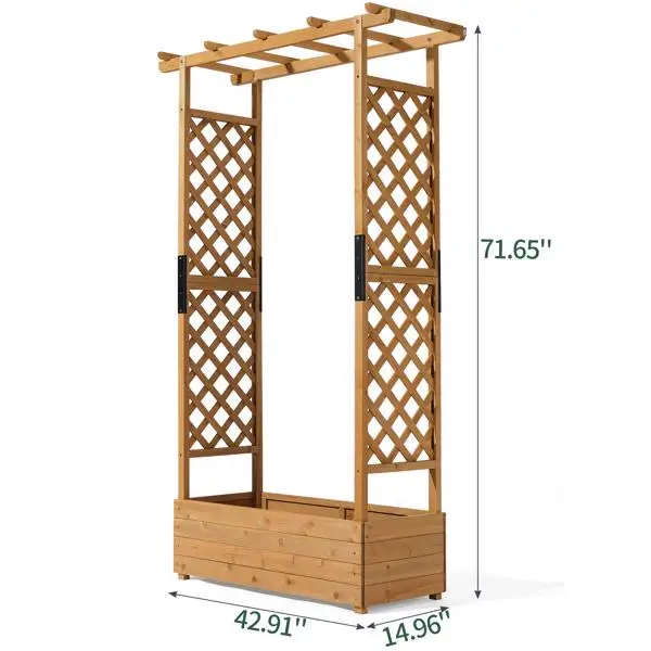Raised Garden Bed with Trellis, Hanging Roof, Planter Box, Drainage Holes, Vertical Plant Container for Vine Climbing Plant Flower, Standing Wood Planter for Garden Patio Yard, Teak view 2