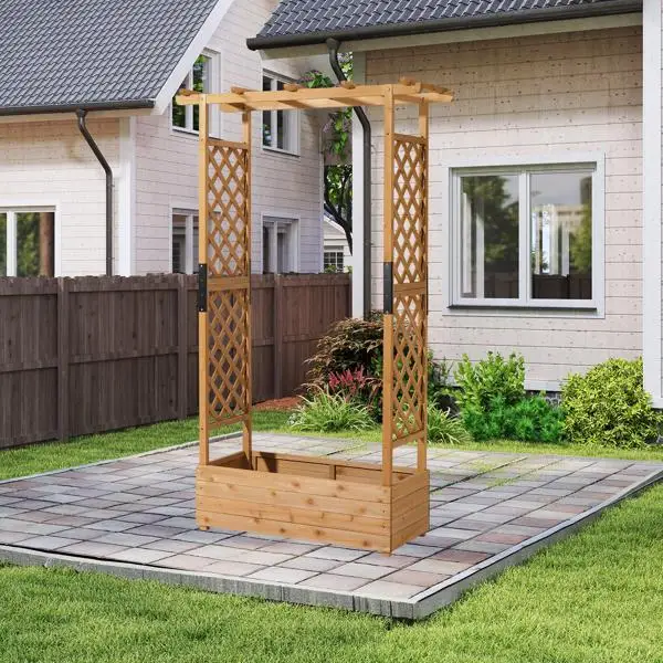 Raised Garden Bed with Trellis, Hanging Roof, Planter Box, Drainage Holes, Vertical Plant Container for Vine Climbing Plant Flower, Standing Wood Planter for Garden Patio Yard, Teak view 6