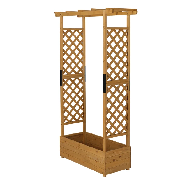 Raised Garden Bed with Trellis, Hanging Roof, Planter Box, Drainage Holes, Vertical Plant Container for Vine Climbing Plant Flower, Standing Wood Planter for Garden Patio Yard, Teak
