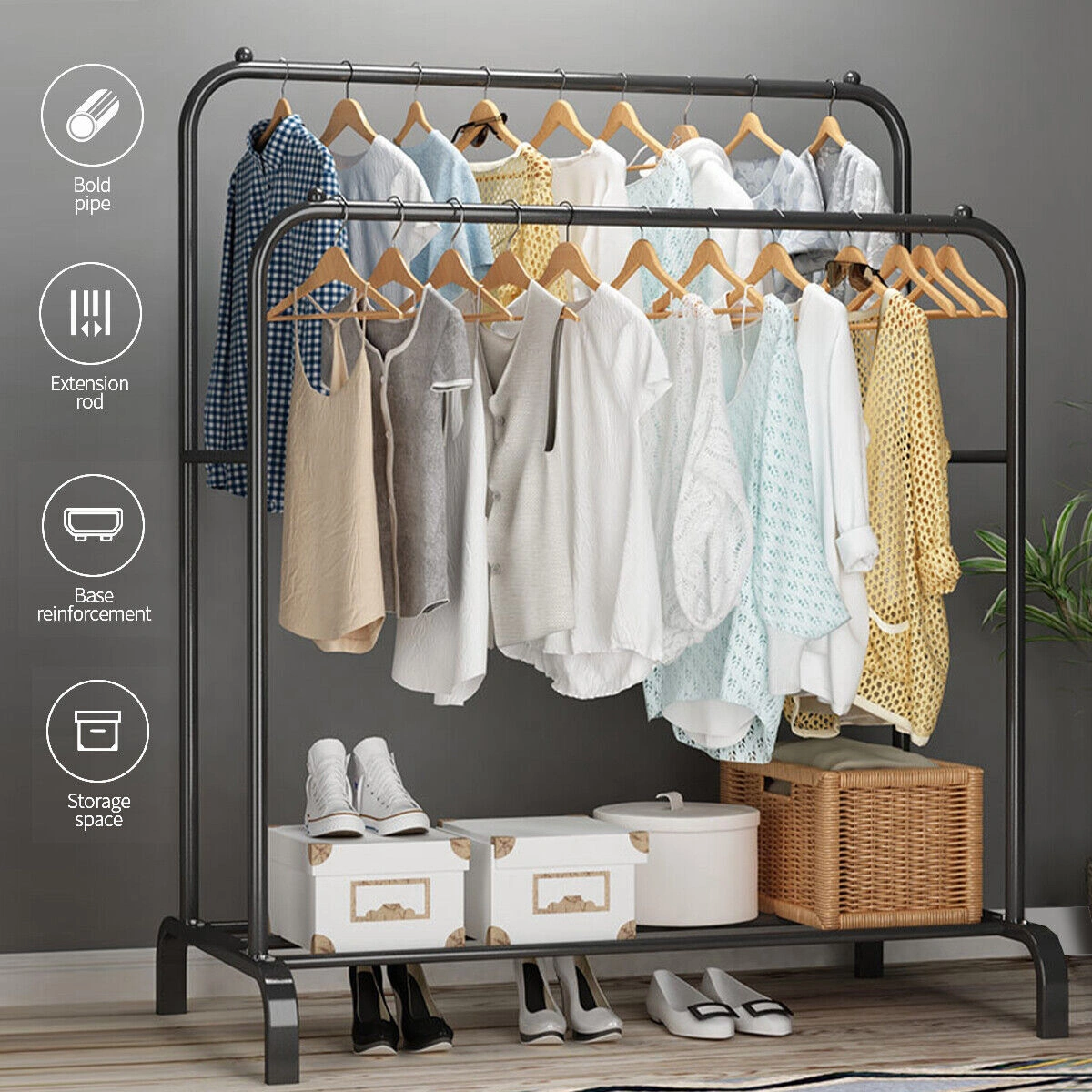 Heavy Duty Double Clothes Rail Hanging Rack Garment Display Stand Shoe Storage