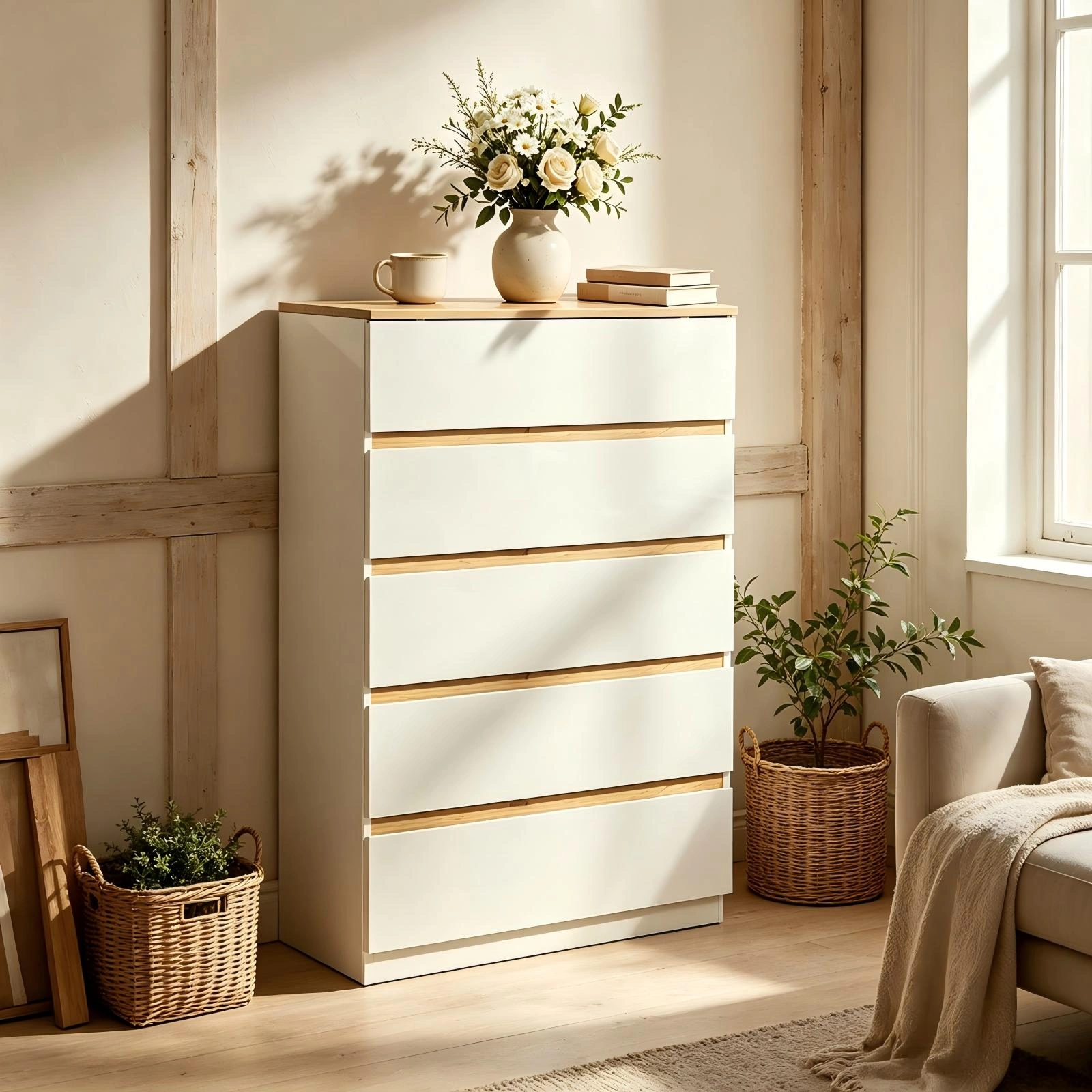 5-Drawer Chest of Drawers Color Block Dresser, 29.92x15.75x44.88in Particleboard Bedside Storage Cabinet with High-Gloss White Oak Finish