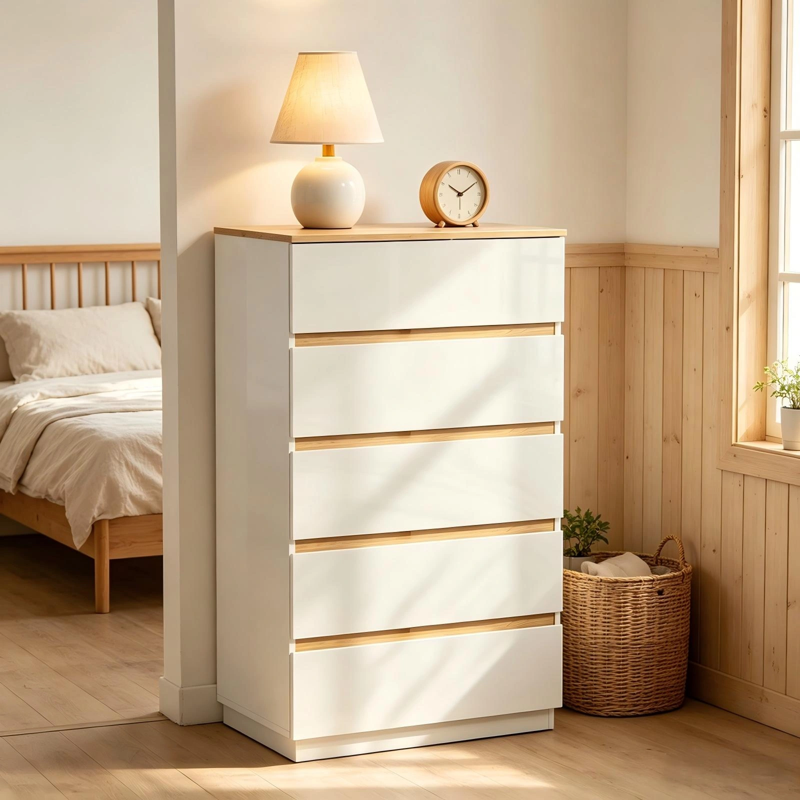 5-Drawer Chest of Drawers Color Block Dresser, 29.92x15.75x44.88in Particleboard Bedside Storage Cabinet with High-Gloss White Oak Finish view 2