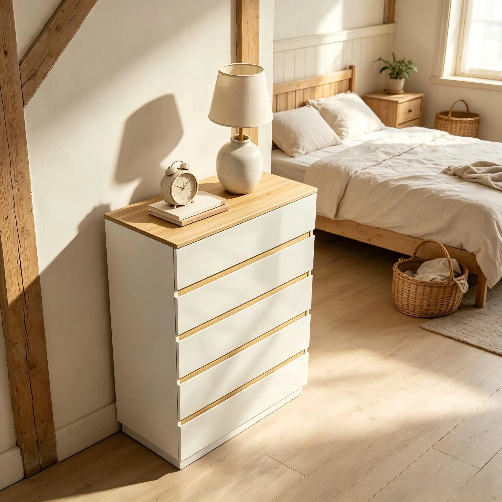 5-Drawer Chest of Drawers Color Block Dresser, 29.92x15.75x44.88in Particleboard Bedside Storage Cabinet with High-Gloss White Oak Finish view 3
