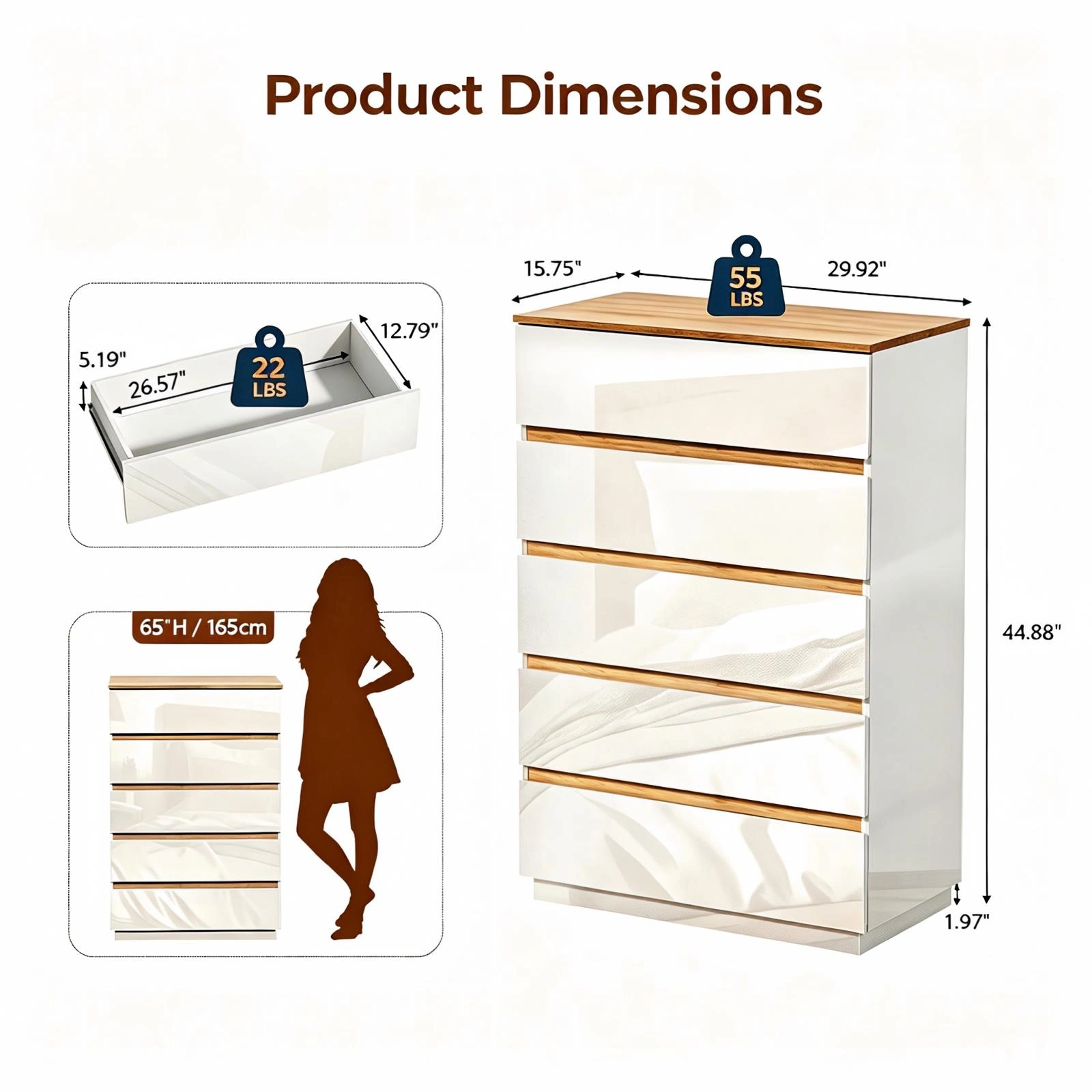 5-Drawer Chest of Drawers Color Block Dresser, 29.92x15.75x44.88in Particleboard Bedside Storage Cabinet with High-Gloss White Oak Finish view 4
