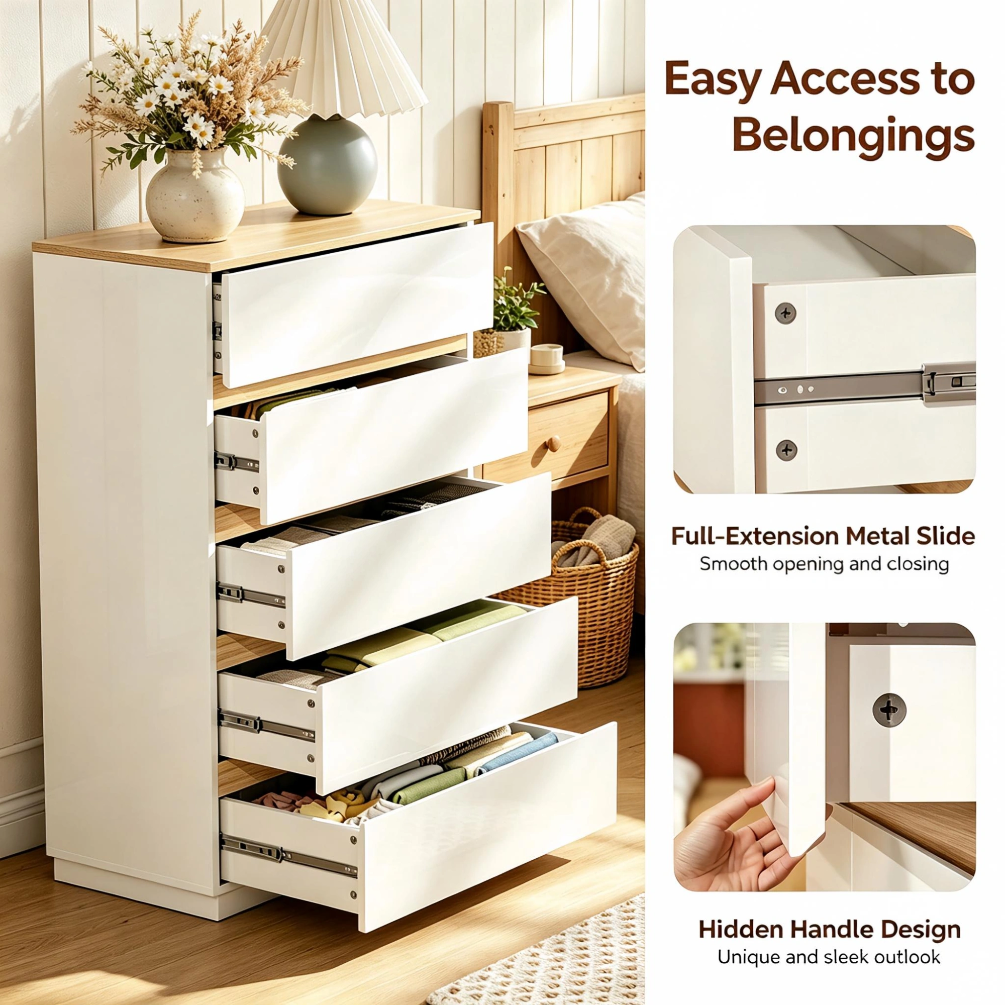 5-Drawer Chest of Drawers Color Block Dresser, 29.92x15.75x44.88in Particleboard Bedside Storage Cabinet with High-Gloss White Oak Finish view 5